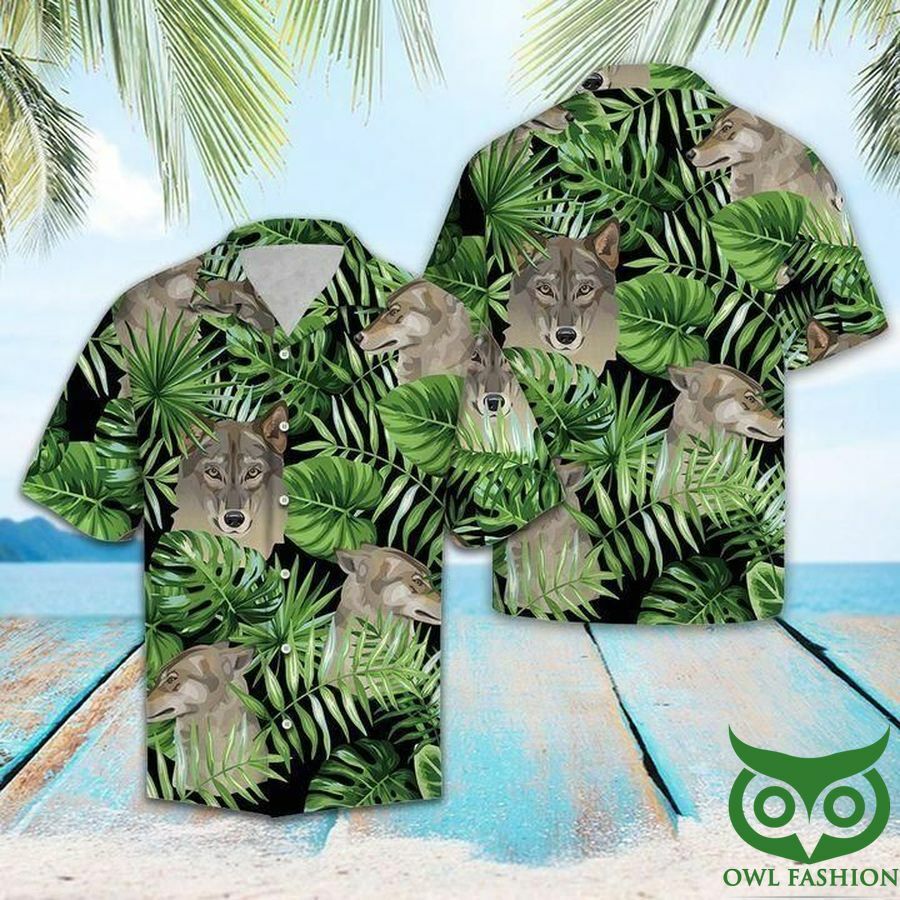 Tropical Gray Wolf With Green Leaf Hawaiian Shirt - Famjoys Tropical Gray Wolf With Green Leaf Hawaiian Shirt - Famjoys