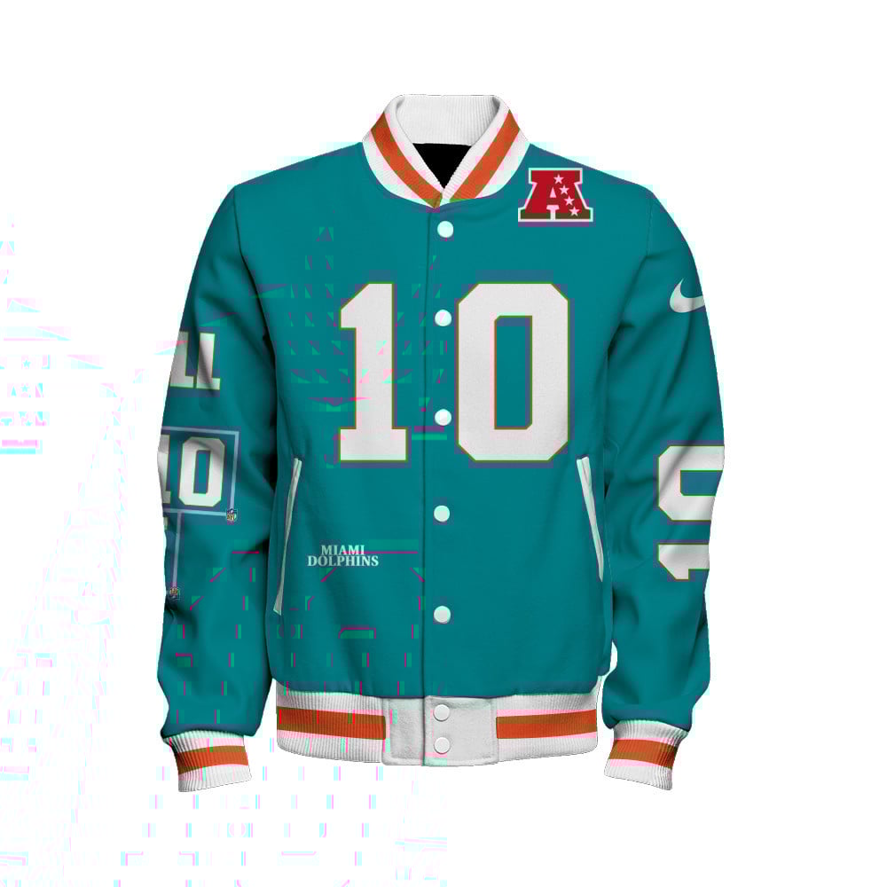 Tyreek Hill #10 Miami Dolphins National Football League Unisex Varsity Jacket - Famjoys Tyreek Hill #10 Miami Dolphins National Football League Unisex Varsity Jacket - Famjoys