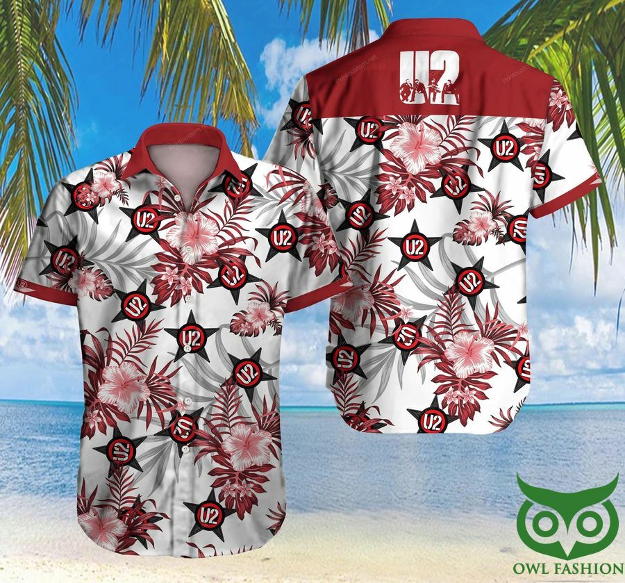 U2 Rock Band Red Floral White Hawaiian Shirt - Famjoys U2 Rock Band Red Floral White Hawaiian Shirt - Famjoys