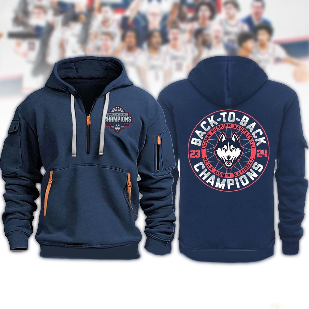 UConn Huskies Back To Back Champion Quarter Zip Hoodie Men's Basketball Champions - Famjoys UConn Huskies Back To Back Champion Quarter Zip Hoodie Men's Basketball Champions - Famjoys