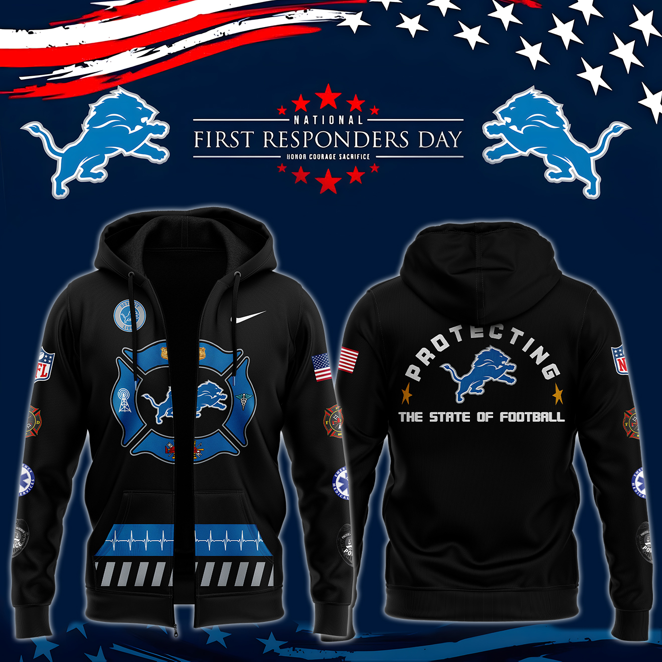 Unise Detroit Lions x First Responders Day Premium Pullover Zip Hoodie - Famjoys Unise Detroit Lions x First Responders Day Premium Pullover Zip Hoodie - Famjoys