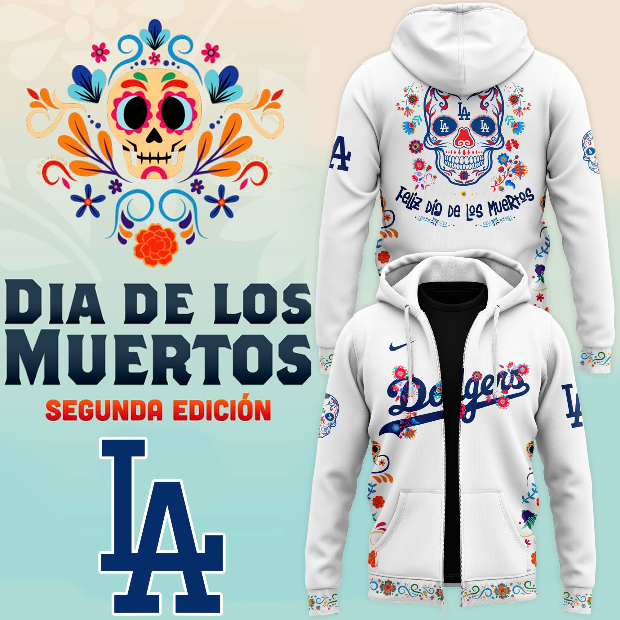 Unise Los Angeles Dodgers Dia De Los Muertos Premium Pullover Zip Hoodie - Famjoys Unise Los Angeles Dodgers Dia De Los Muertos Premium Pullover Zip Hoodie - Famjoys