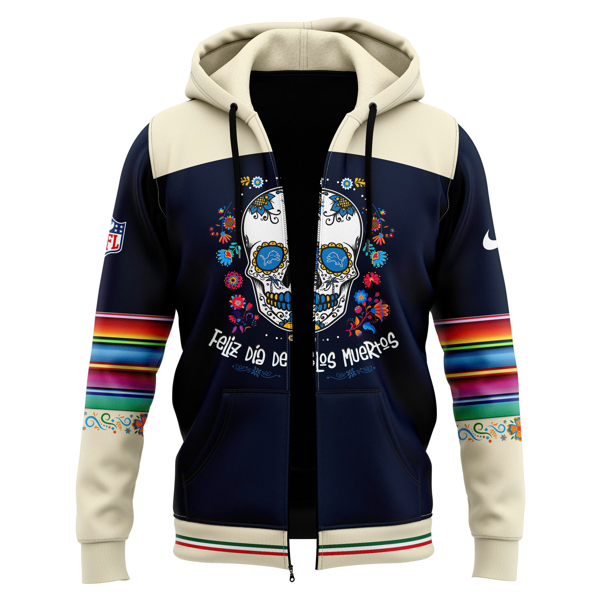 Unise Pro Detroit Lions Dia De Los Muertos Premium Pullover Zip Hoodie - Famjoys Unise Pro Detroit Lions Dia De Los Muertos Premium Pullover Zip Hoodie - Famjoys