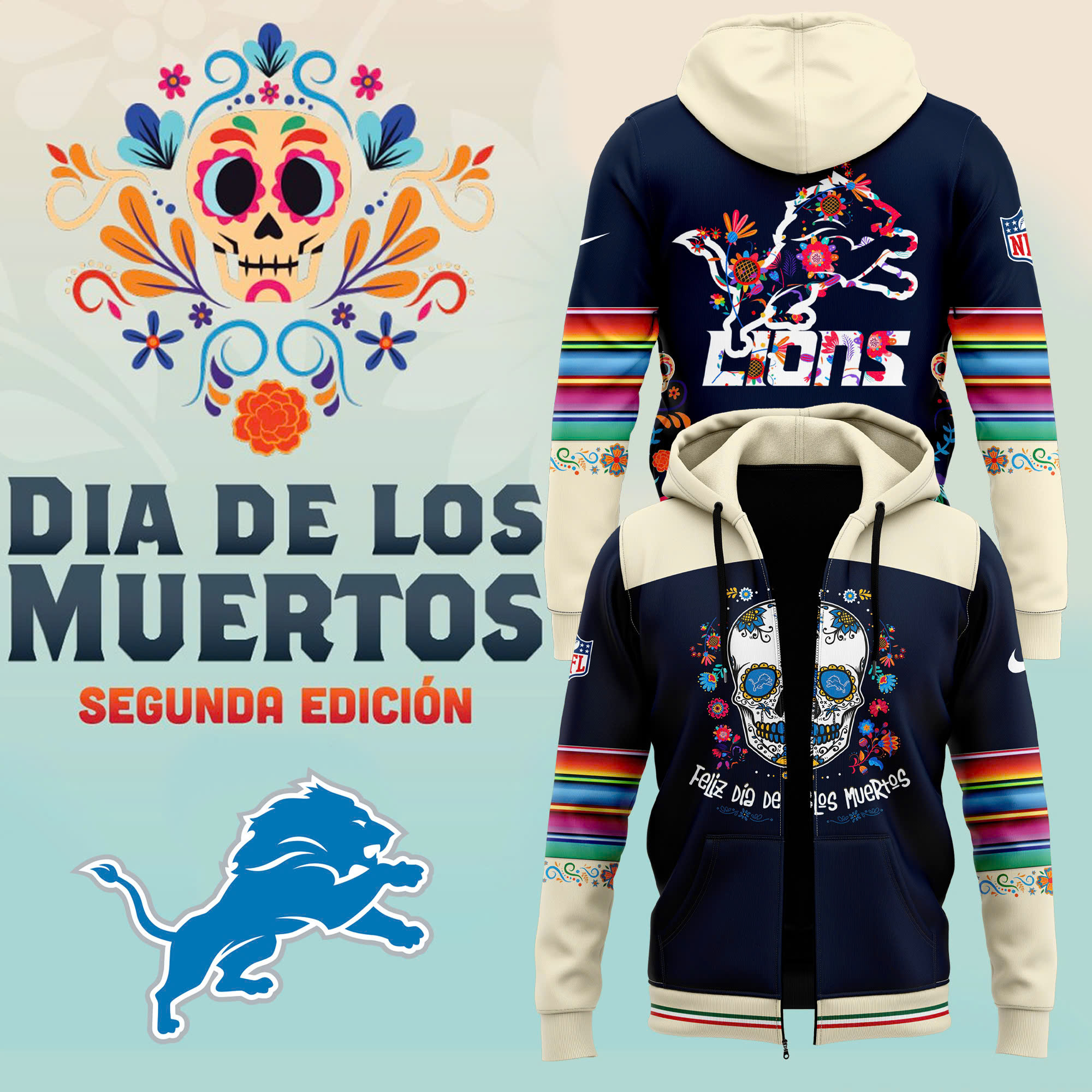 Unise Pro Detroit Lions Dia De Los Muertos Premium Pullover Zip Hoodie - Famjoys Unise Pro Detroit Lions Dia De Los Muertos Premium Pullover Zip Hoodie - Famjoys