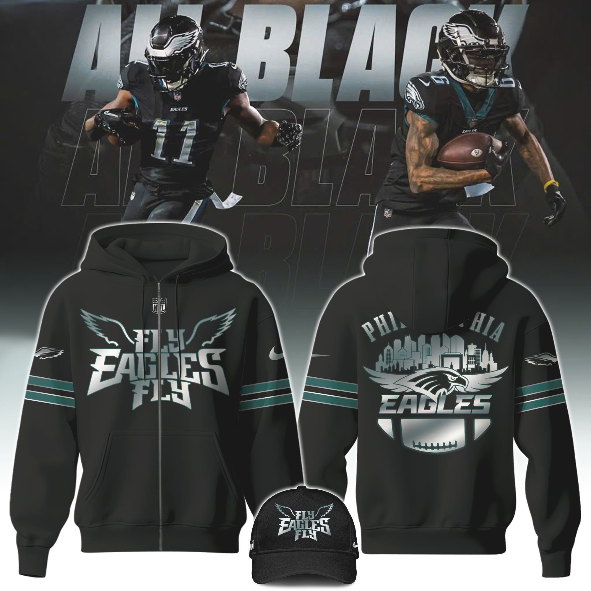 Unisex Philadelphia Eagles 2025 Black Zip Hoodie Jersey - Famjoys Unisex Philadelphia Eagles 2025 Black Zip Hoodie Jersey - Famjoys