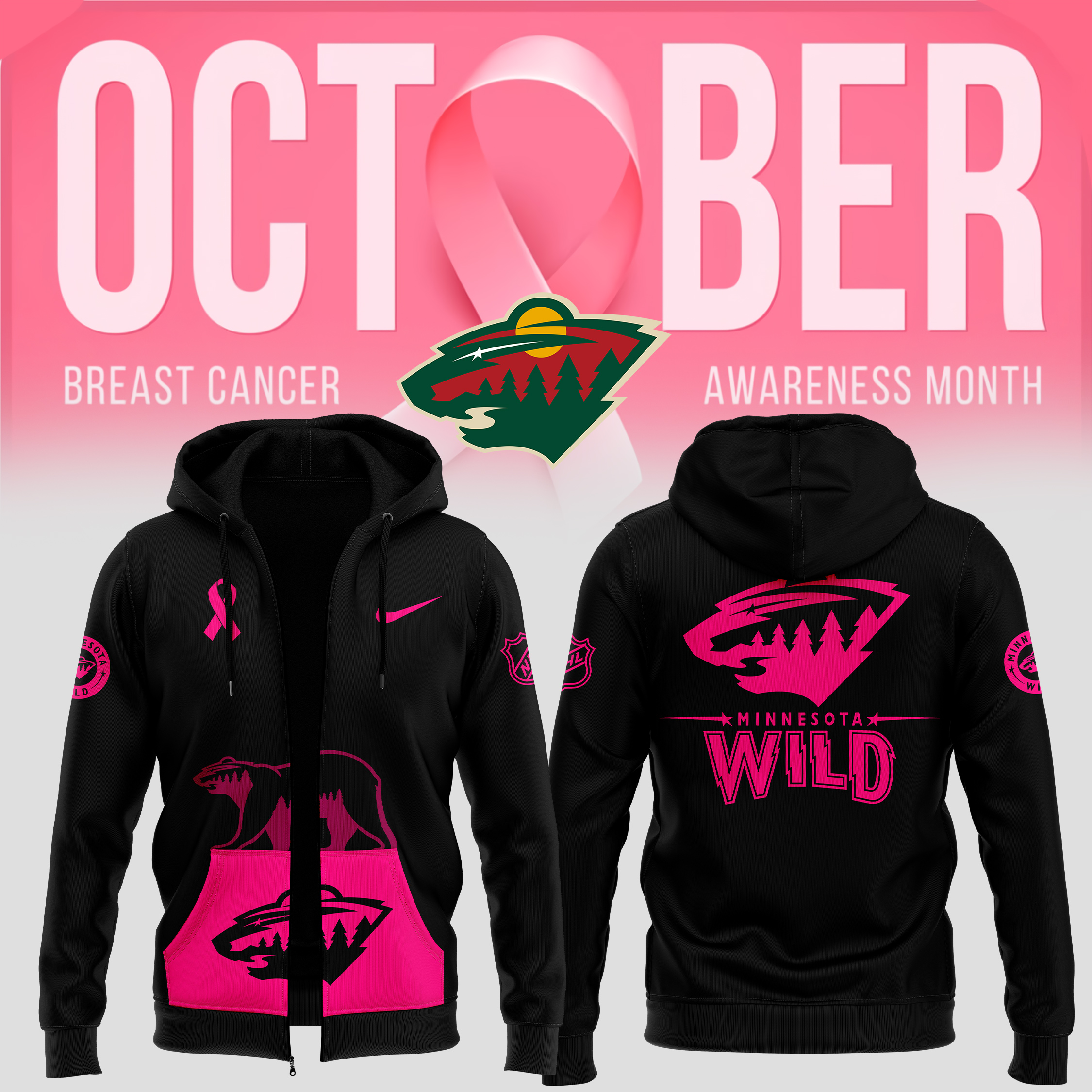 Unisex Pro Minnesota Wild NHL Breast Cancer Awareness Month Zip Hoodie - Famjoys Unisex Pro Minnesota Wild NHL Breast Cancer Awareness Month Zip Hoodie - Famjoys