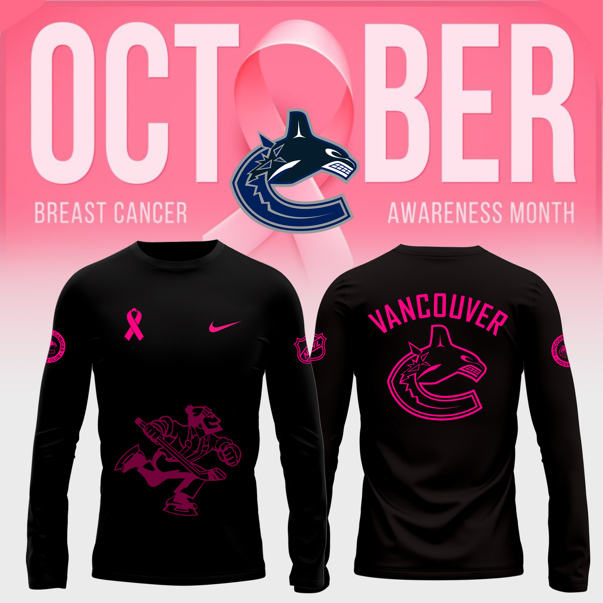 Unisex Vancouver Canucks NHL Breast Cancer Awareness Month Long Sleeve Shirt - Famjoys Unisex Vancouver Canucks NHL Breast Cancer Awareness Month Long Sleeve Shirt - Famjoys