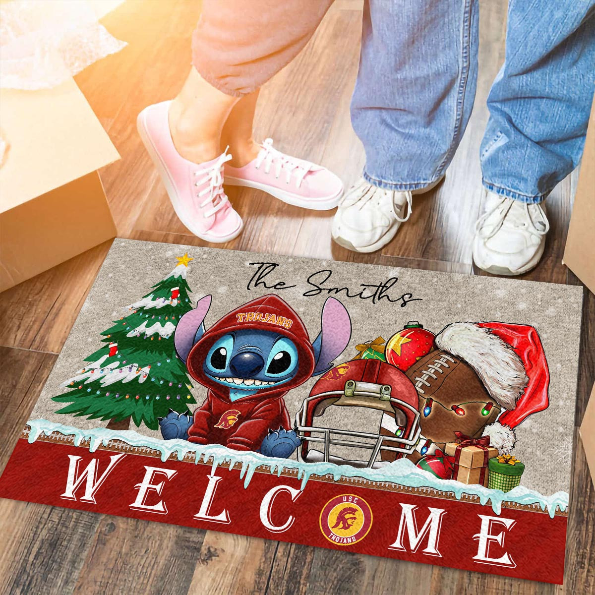 USC Trojans Cute Stitch Christmas Doormat - Famjoys USC Trojans Cute Stitch Christmas Doormat - Famjoys