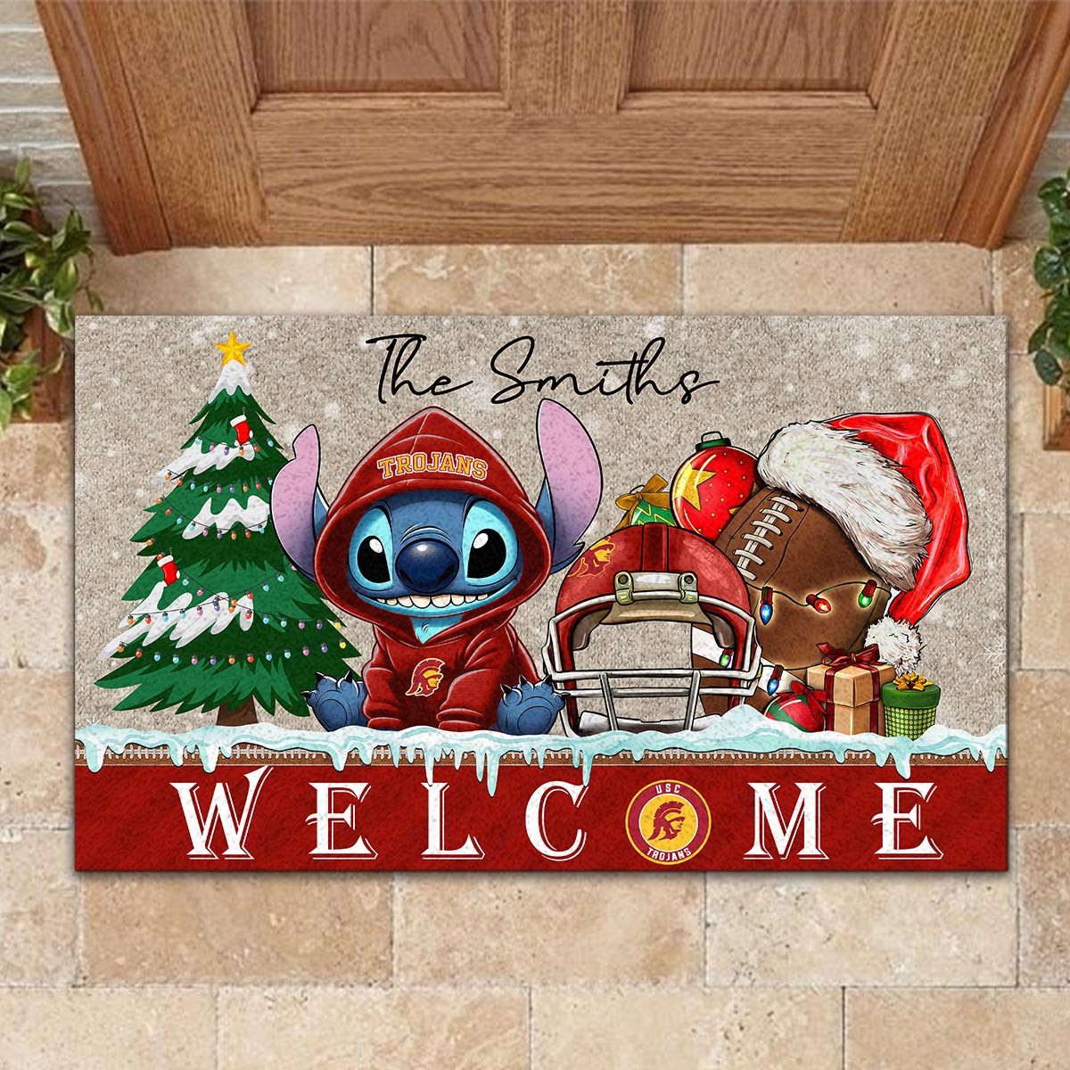 USC Trojans Cute Stitch Christmas Doormat - Famjoys USC Trojans Cute Stitch Christmas Doormat - Famjoys