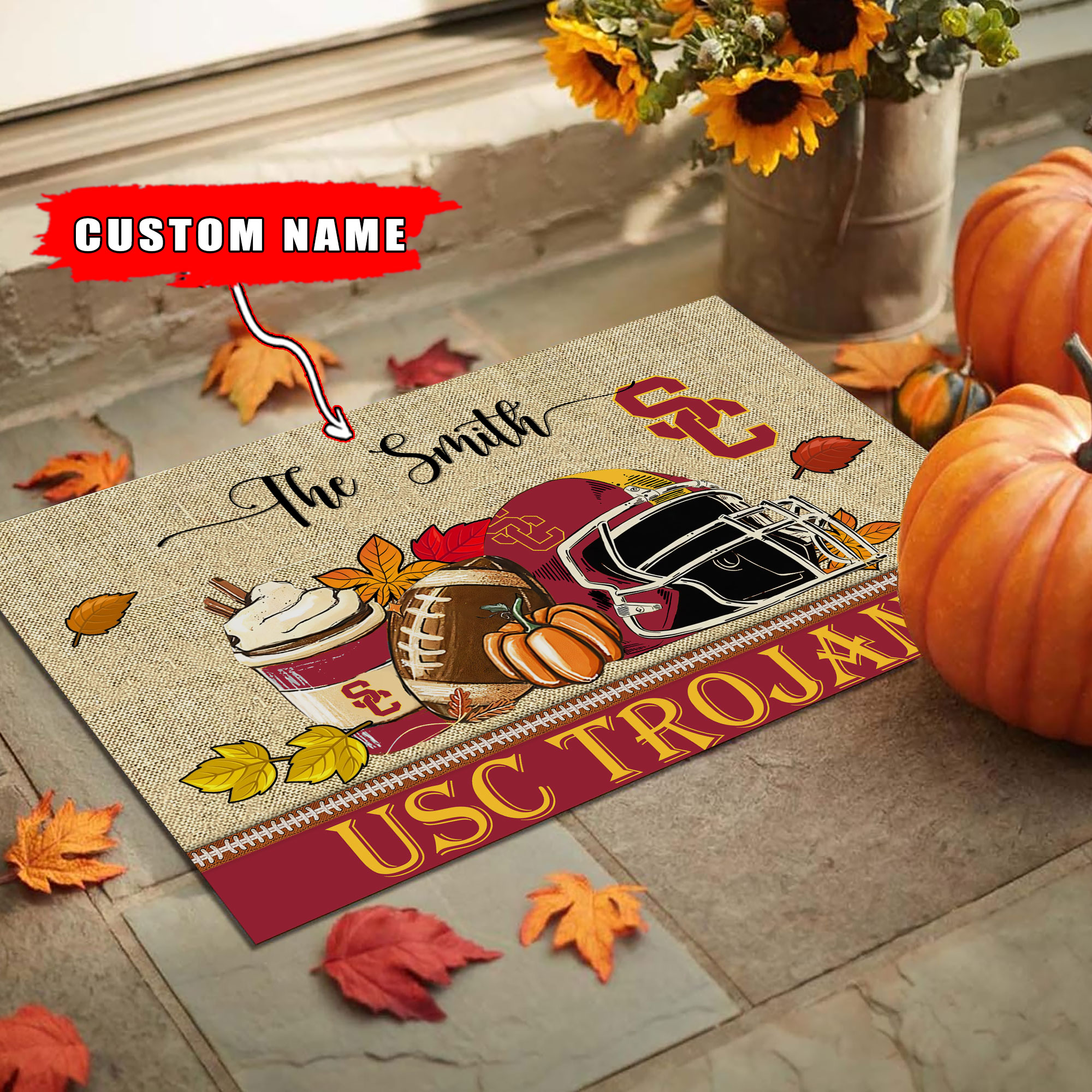 USC Trojans Fall Football Custom Doormat - Custom Text - Famjoys USC Trojans Fall Football Custom Doormat - Custom Text - Famjoys