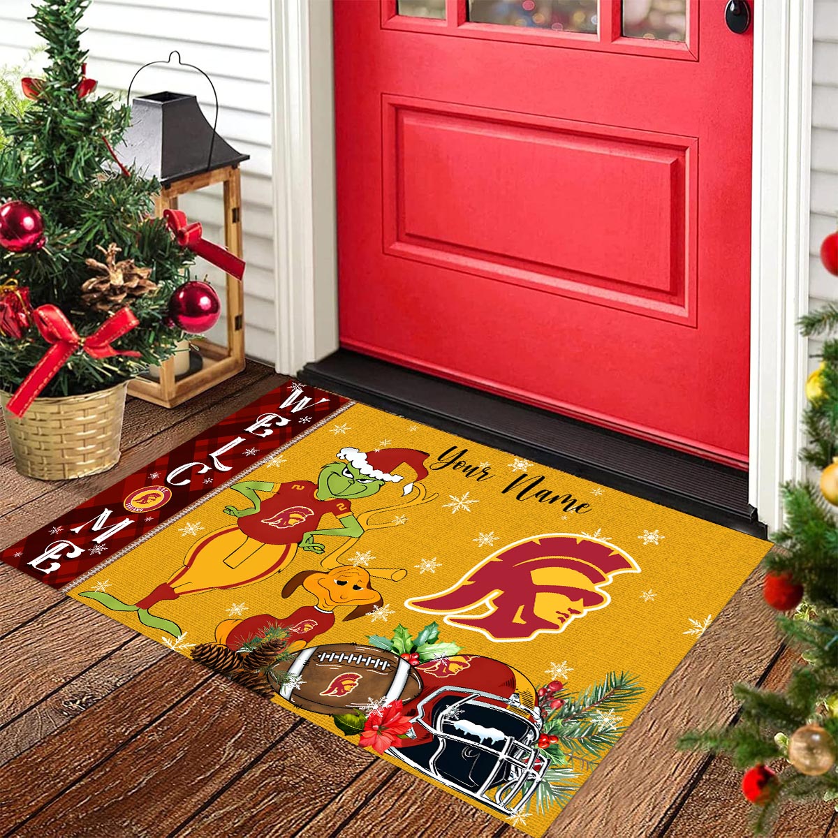 USC Trojans Grinch Christmas Welcome Football Doormat - Famjoys USC Trojans Grinch Christmas Welcome Football Doormat - Famjoys