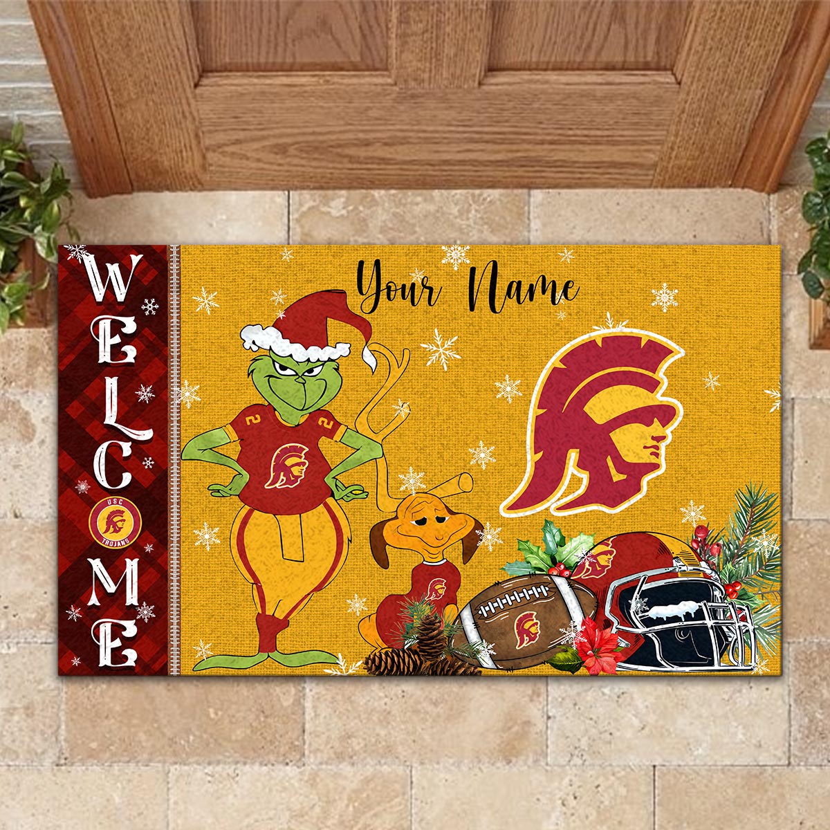 USC Trojans Grinch Christmas Welcome Football Doormat - Famjoys USC Trojans Grinch Christmas Welcome Football Doormat - Famjoys