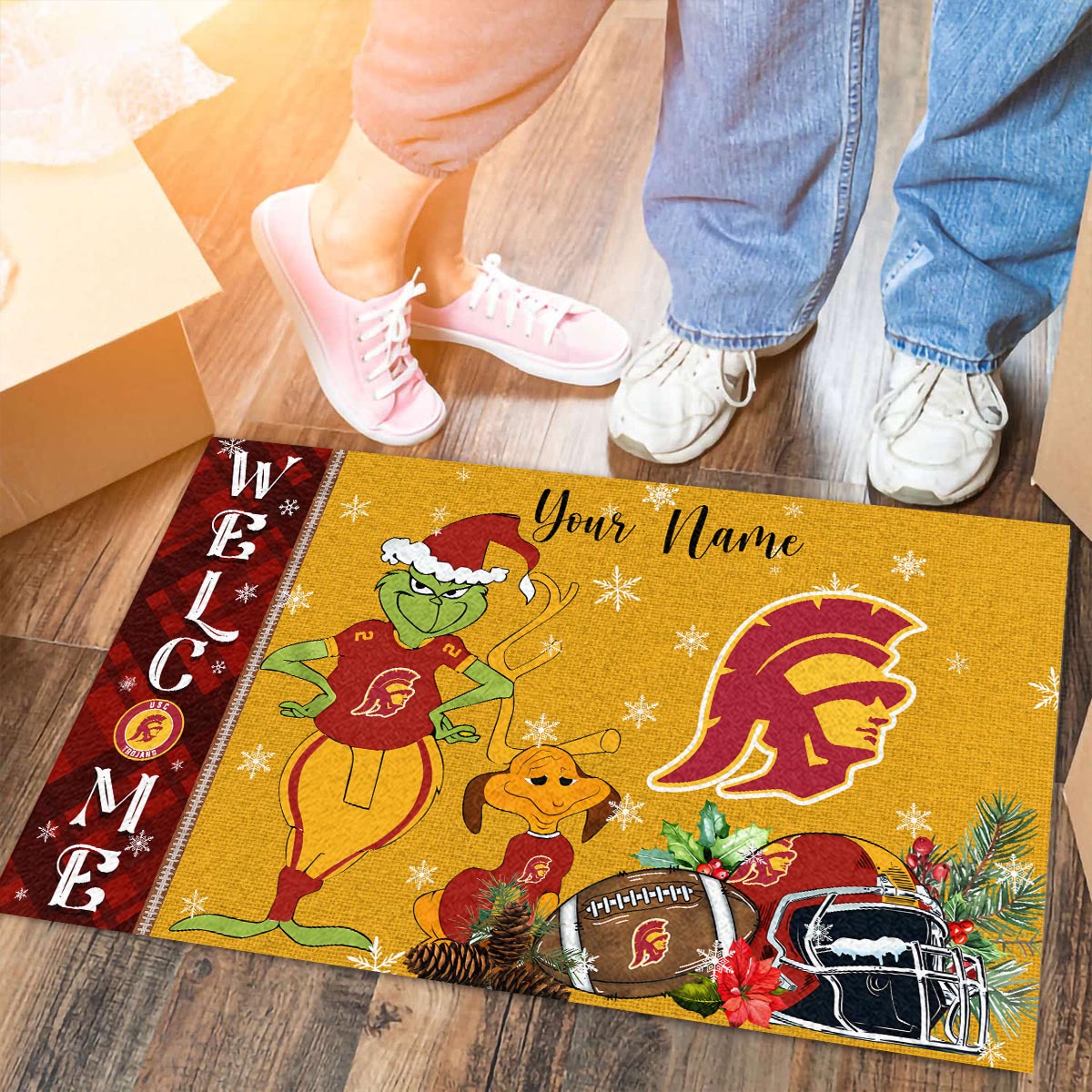 USC Trojans Grinch Christmas Welcome Football Doormat - Famjoys USC Trojans Grinch Christmas Welcome Football Doormat - Famjoys