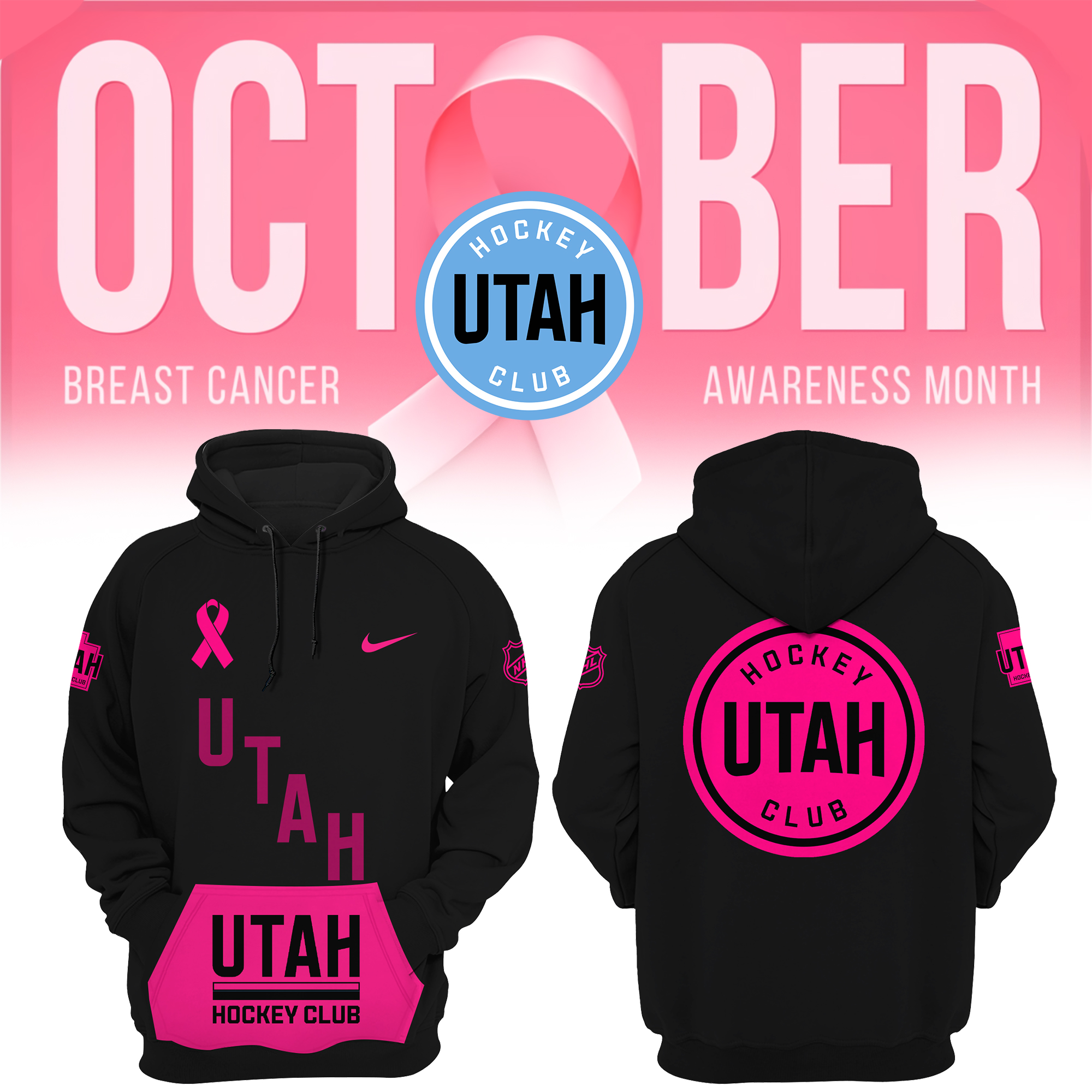 Utah Hockey Club NHL Breast Cancer Awareness Month Pullover Hoodie - Famjoys Utah Hockey Club NHL Breast Cancer Awareness Month Pullover Hoodie - Famjoys