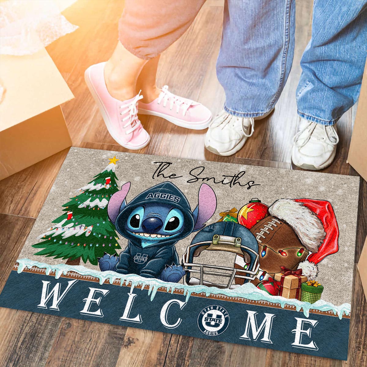 Utah State Aggies Cute Stitch Christmas Doormat - Famjoys Utah State Aggies Cute Stitch Christmas Doormat - Famjoys