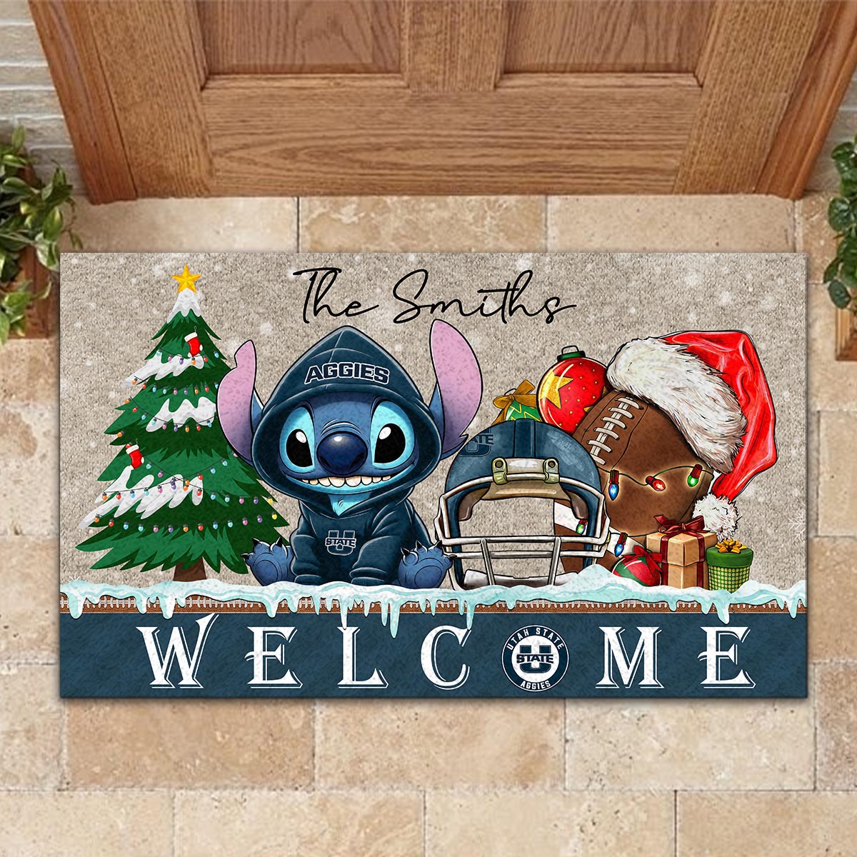 Utah State Aggies Cute Stitch Christmas Doormat - Famjoys Utah State Aggies Cute Stitch Christmas Doormat - Famjoys