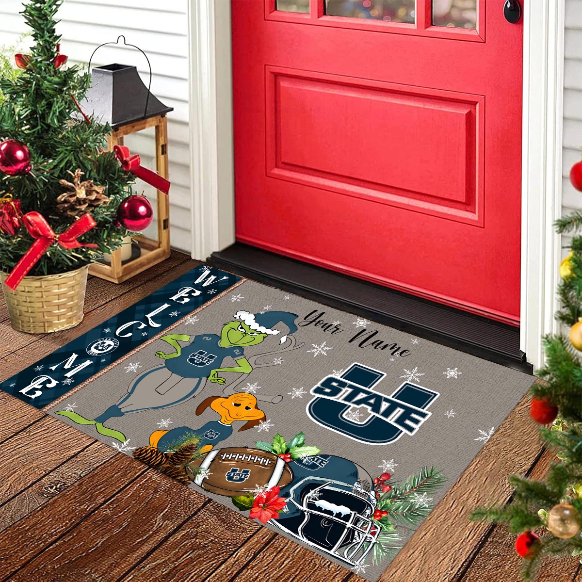 Utah State Aggies Grinch Christmas Welcome Football Doormat - Famjoys Utah State Aggies Grinch Christmas Welcome Football Doormat - Famjoys