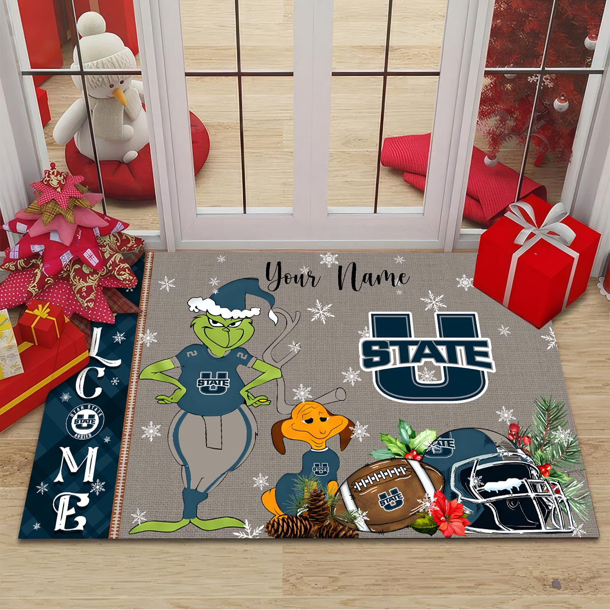 Utah State Aggies Grinch Christmas Welcome Football Doormat - Famjoys Utah State Aggies Grinch Christmas Welcome Football Doormat - Famjoys