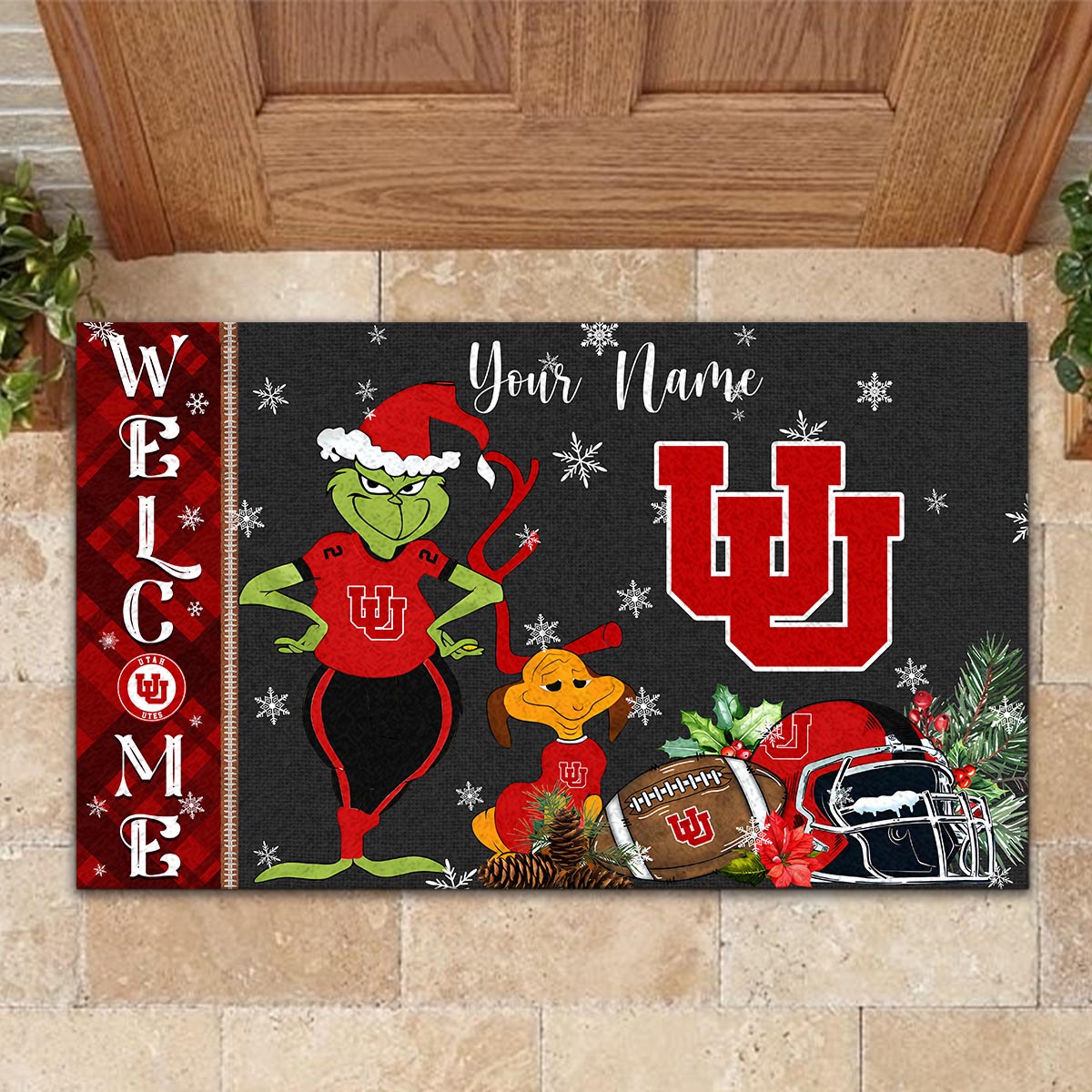 Utah Utes Grinch Christmas Welcome Football Doormat - Famjoys Utah Utes Grinch Christmas Welcome Football Doormat - Famjoys