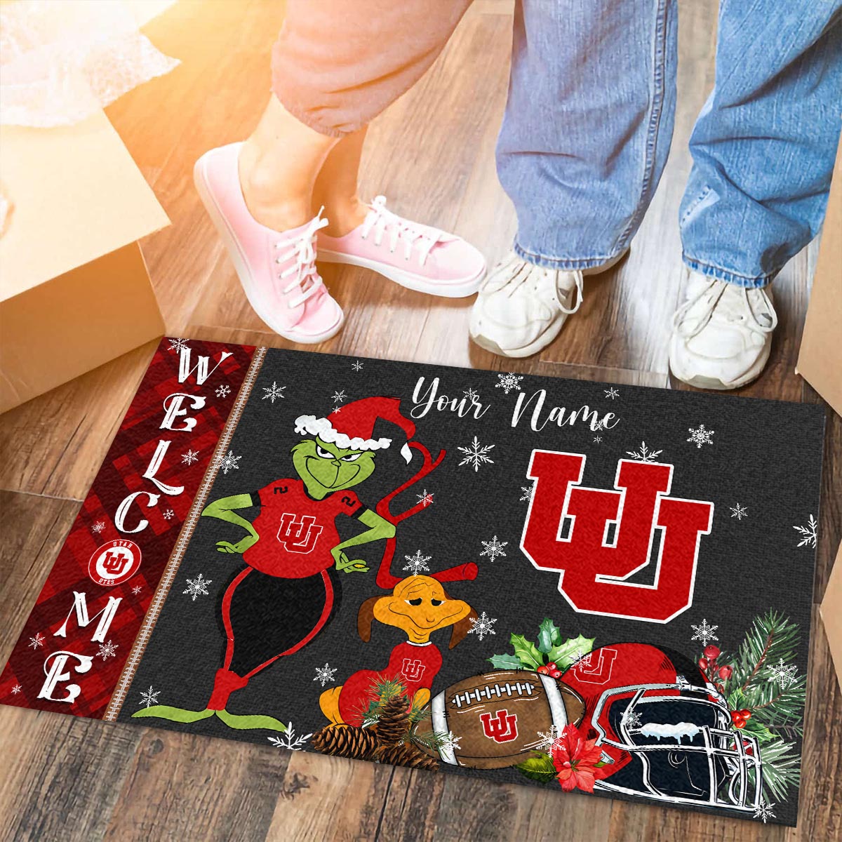 Utah Utes Grinch Christmas Welcome Football Doormat - Famjoys Utah Utes Grinch Christmas Welcome Football Doormat - Famjoys