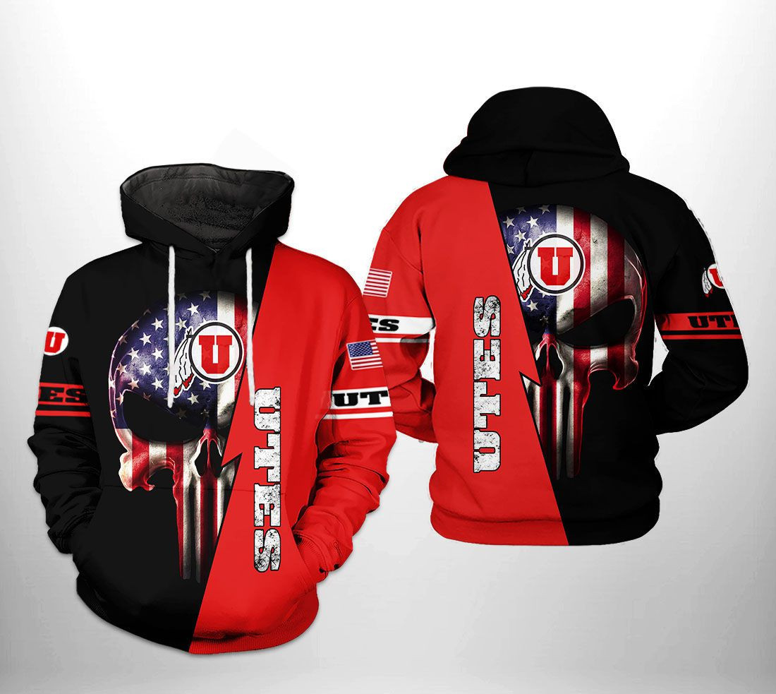 Utah Utes US Flag Skull Hoodie & Zip Hoodie - Famjoys Utah Utes US Flag Skull Hoodie & Zip Hoodie - Famjoys