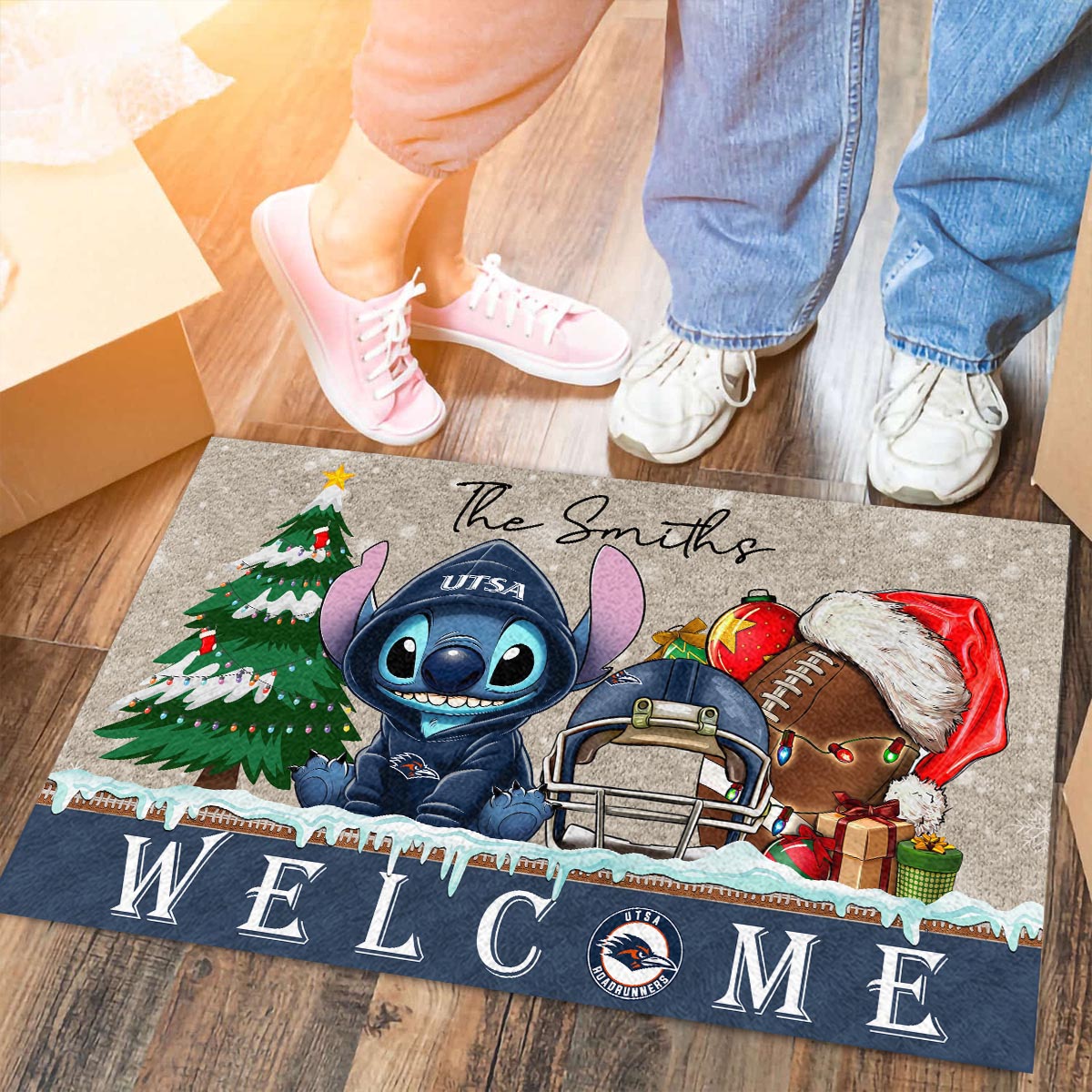 UTSA Roadrunners Cute Stitch Christmas Doormat - Famjoys UTSA Roadrunners Cute Stitch Christmas Doormat - Famjoys