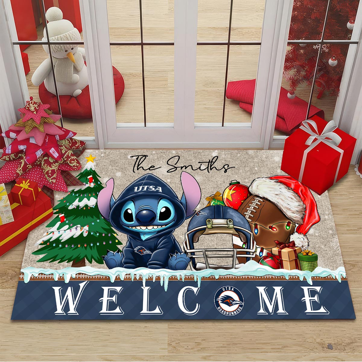 UTSA Roadrunners Cute Stitch Christmas Doormat - Famjoys UTSA Roadrunners Cute Stitch Christmas Doormat - Famjoys