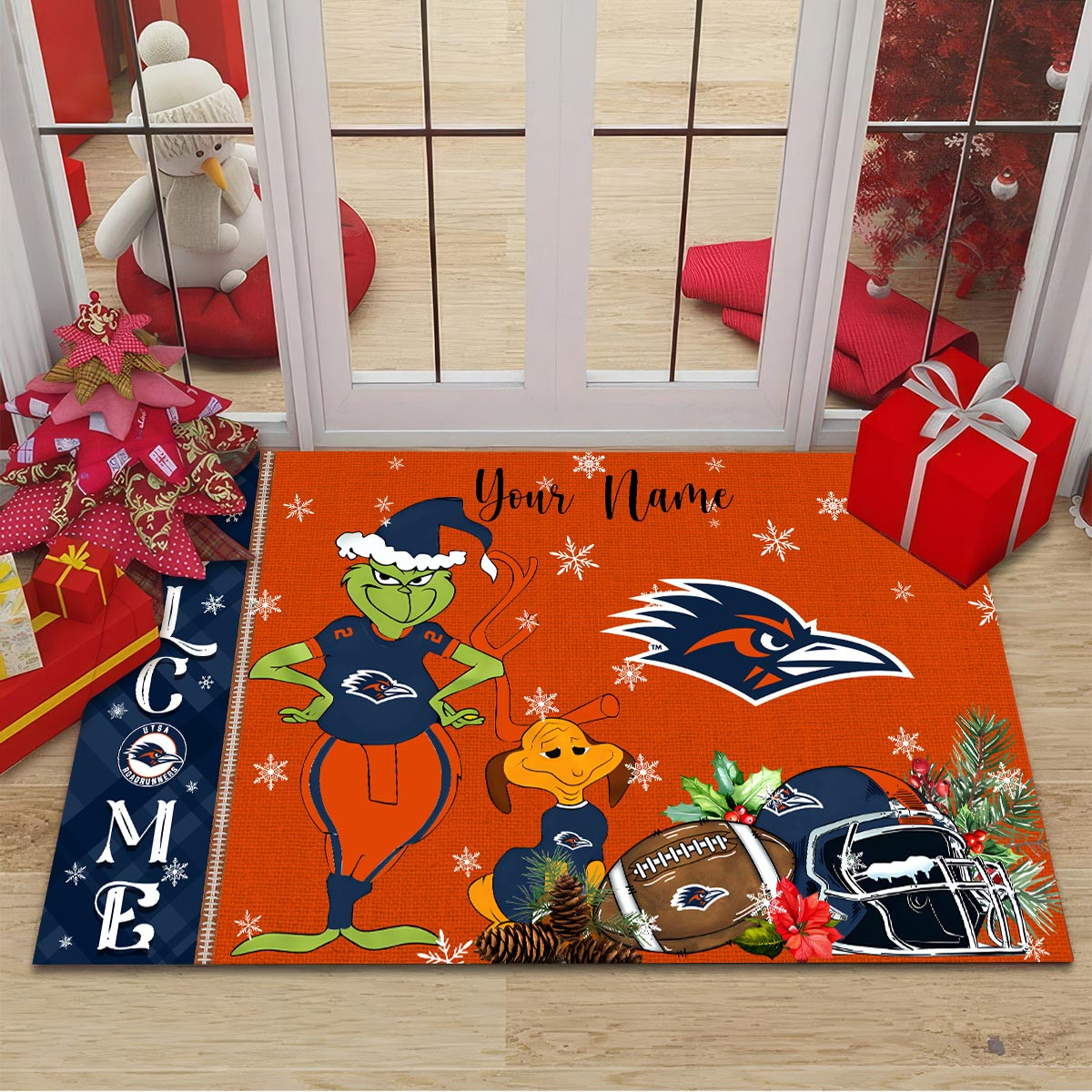 UTSA Roadrunners Grinch Christmas Welcome Football Doormat - Famjoys UTSA Roadrunners Grinch Christmas Welcome Football Doormat - Famjoys