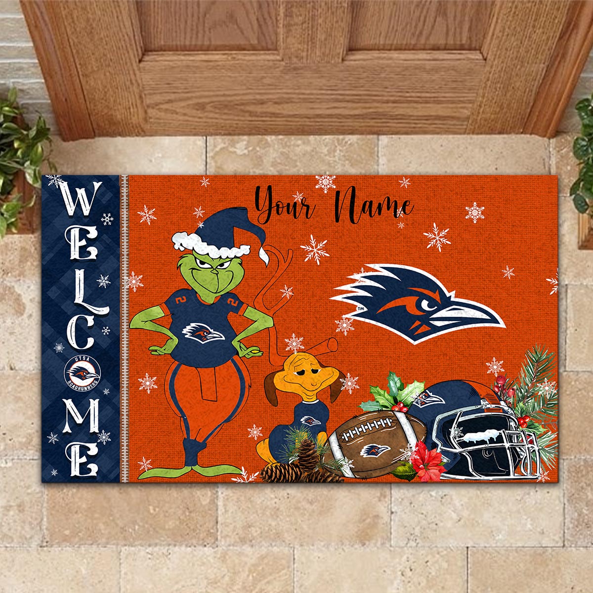 UTSA Roadrunners Grinch Christmas Welcome Football Doormat - Famjoys UTSA Roadrunners Grinch Christmas Welcome Football Doormat - Famjoys