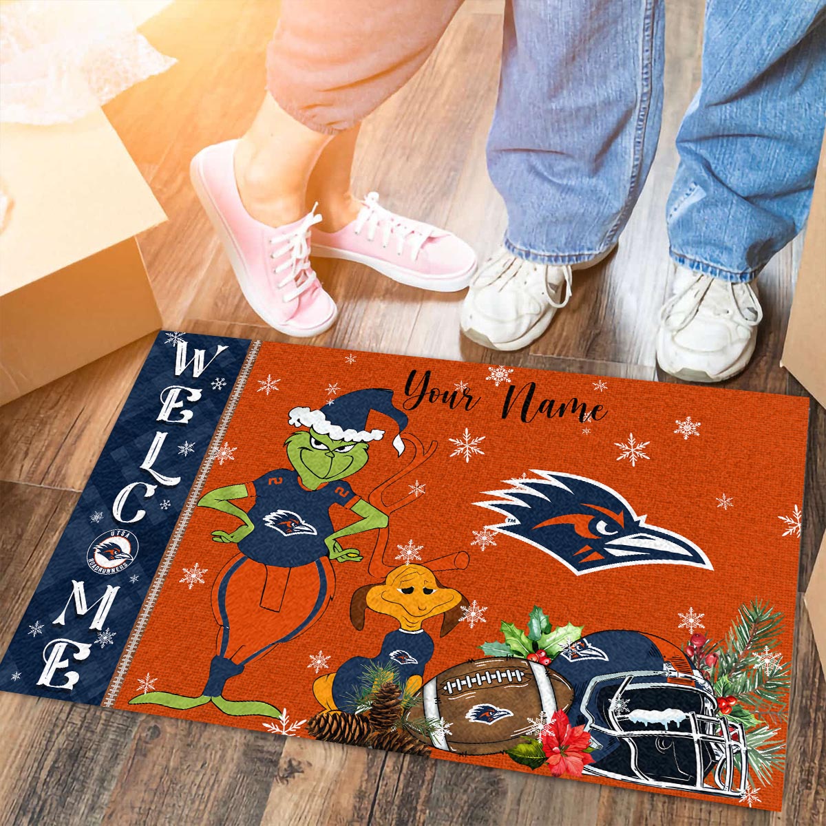 UTSA Roadrunners Grinch Christmas Welcome Football Doormat - Famjoys UTSA Roadrunners Grinch Christmas Welcome Football Doormat - Famjoys