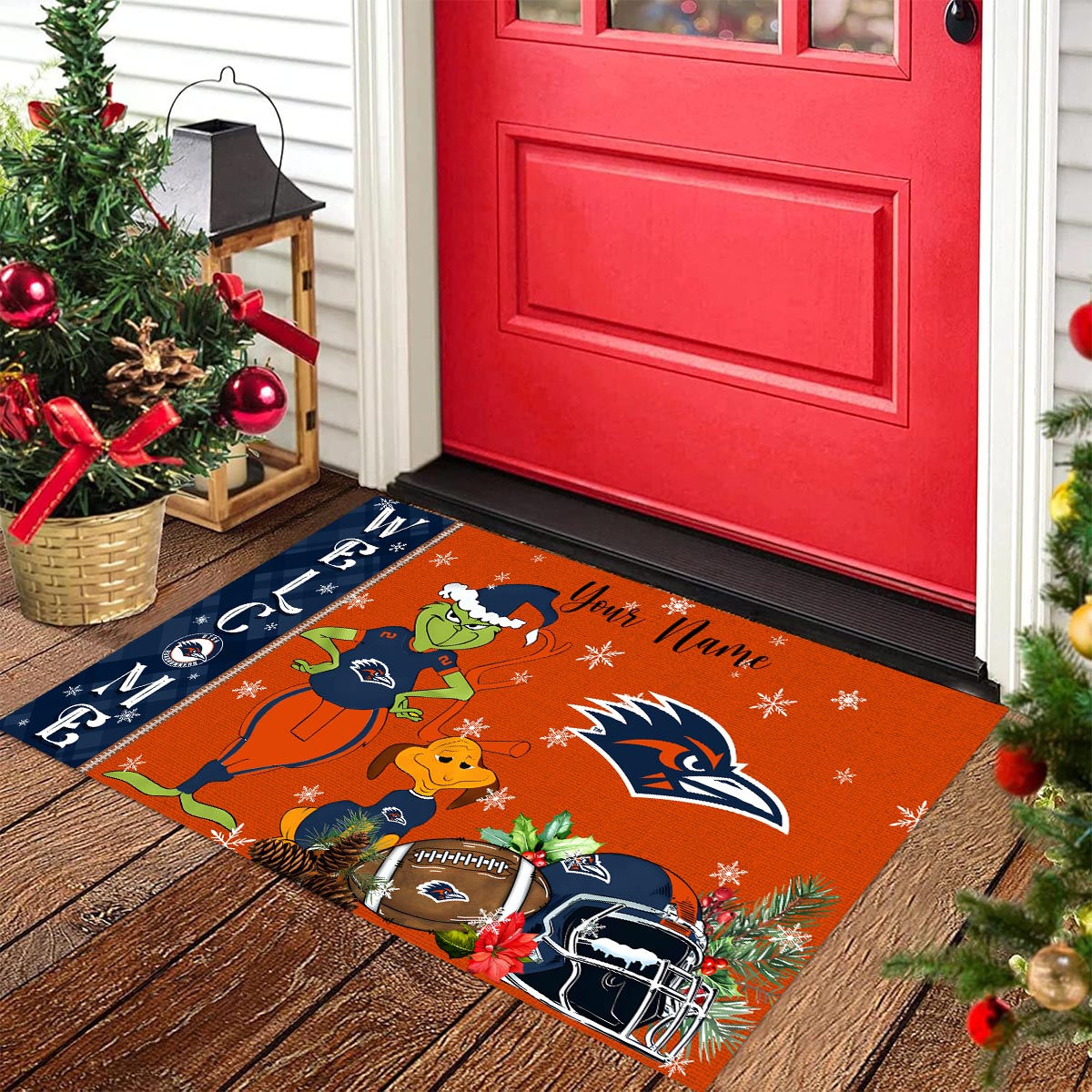 UTSA Roadrunners Grinch Christmas Welcome Football Doormat - Famjoys UTSA Roadrunners Grinch Christmas Welcome Football Doormat - Famjoys