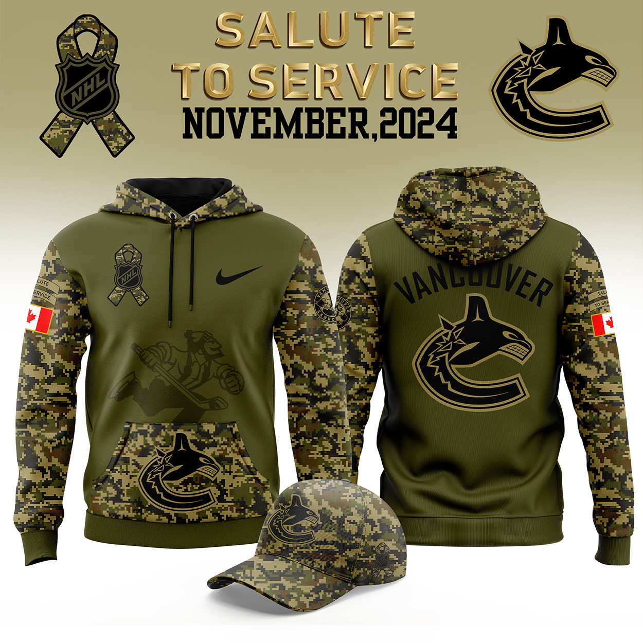 Vancouver Canucks Camo Salute to Service Premium Club Fleece Pullover Hoodie - Famjoys Vancouver Canucks Camo Salute to Service Premium Club Fleece Pullover Hoodie - Famjoys