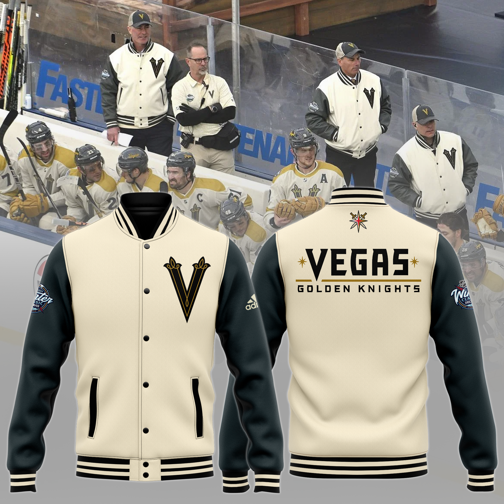 Vegas Golden Knight Winter Classic Baseball Jacket NHL 2024 - Famjoys Vegas Golden Knight Winter Classic Baseball Jacket NHL 2024 - Famjoys