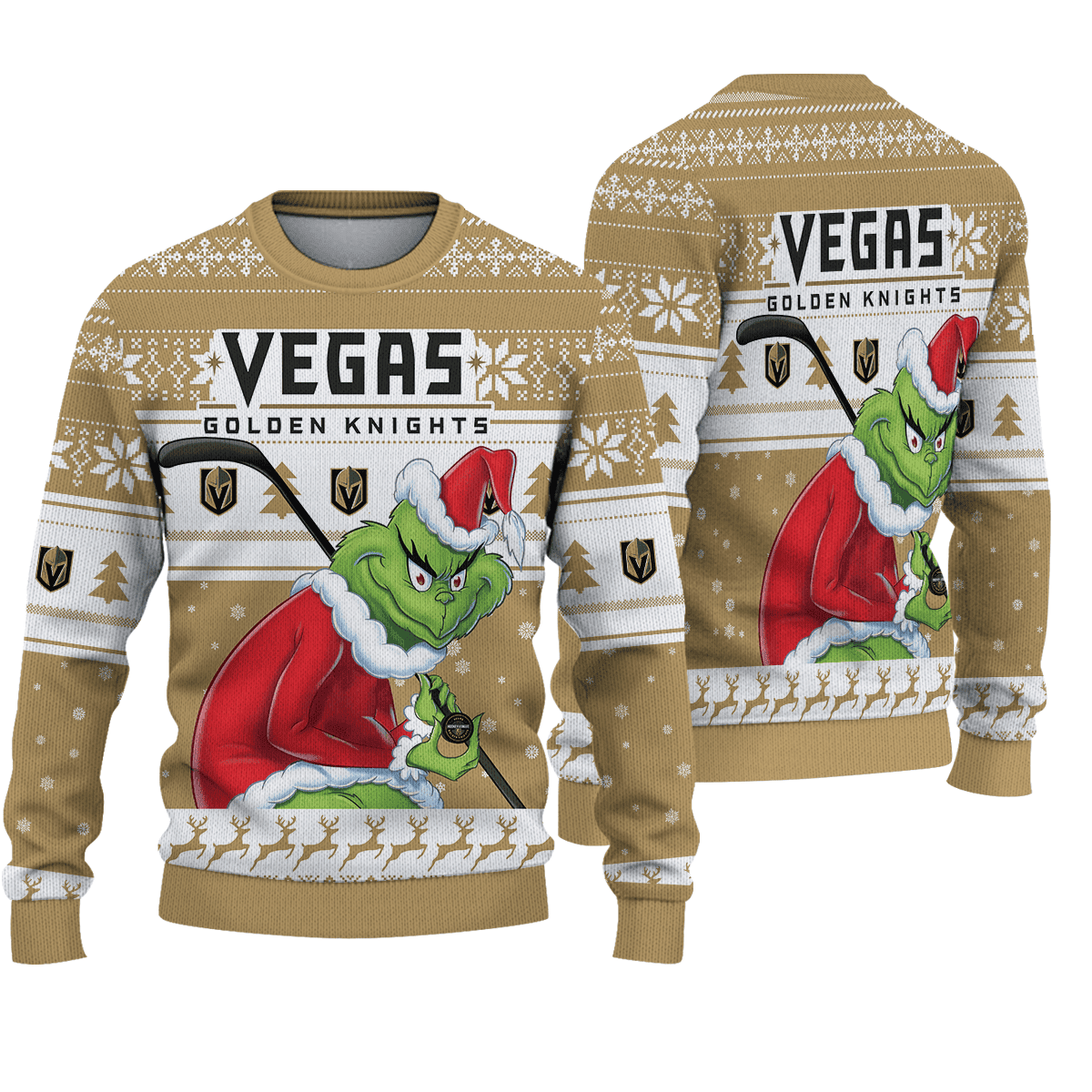 Vegas Golden Knights Grinch Christmas Ugly Sweater - Famjoys Vegas Golden Knights Grinch Christmas Ugly Sweater - Famjoys