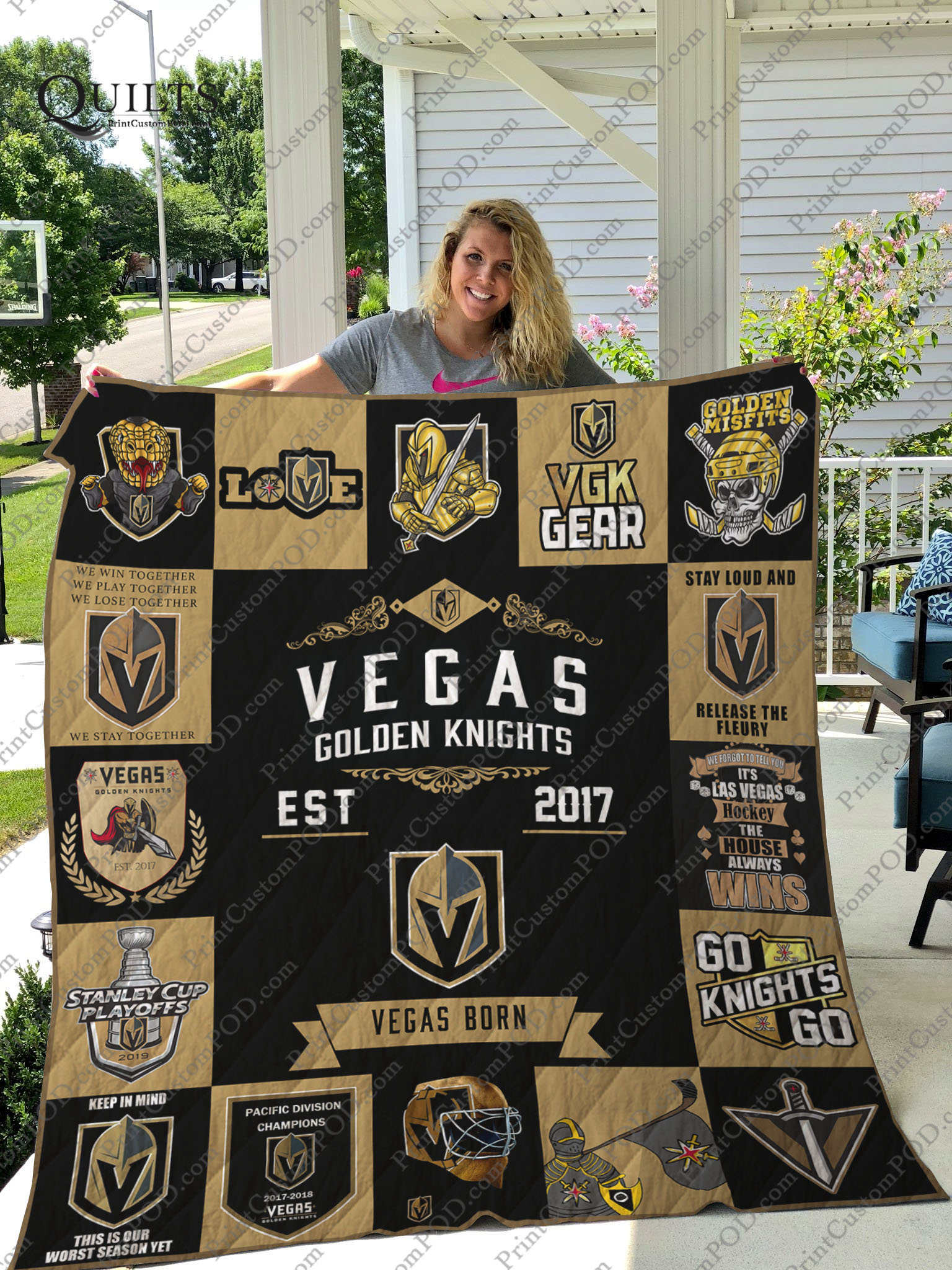 Vegas Golden Knights Quilt Blanket 01 - Famjoys Vegas Golden Knights Quilt Blanket 01 - Famjoys