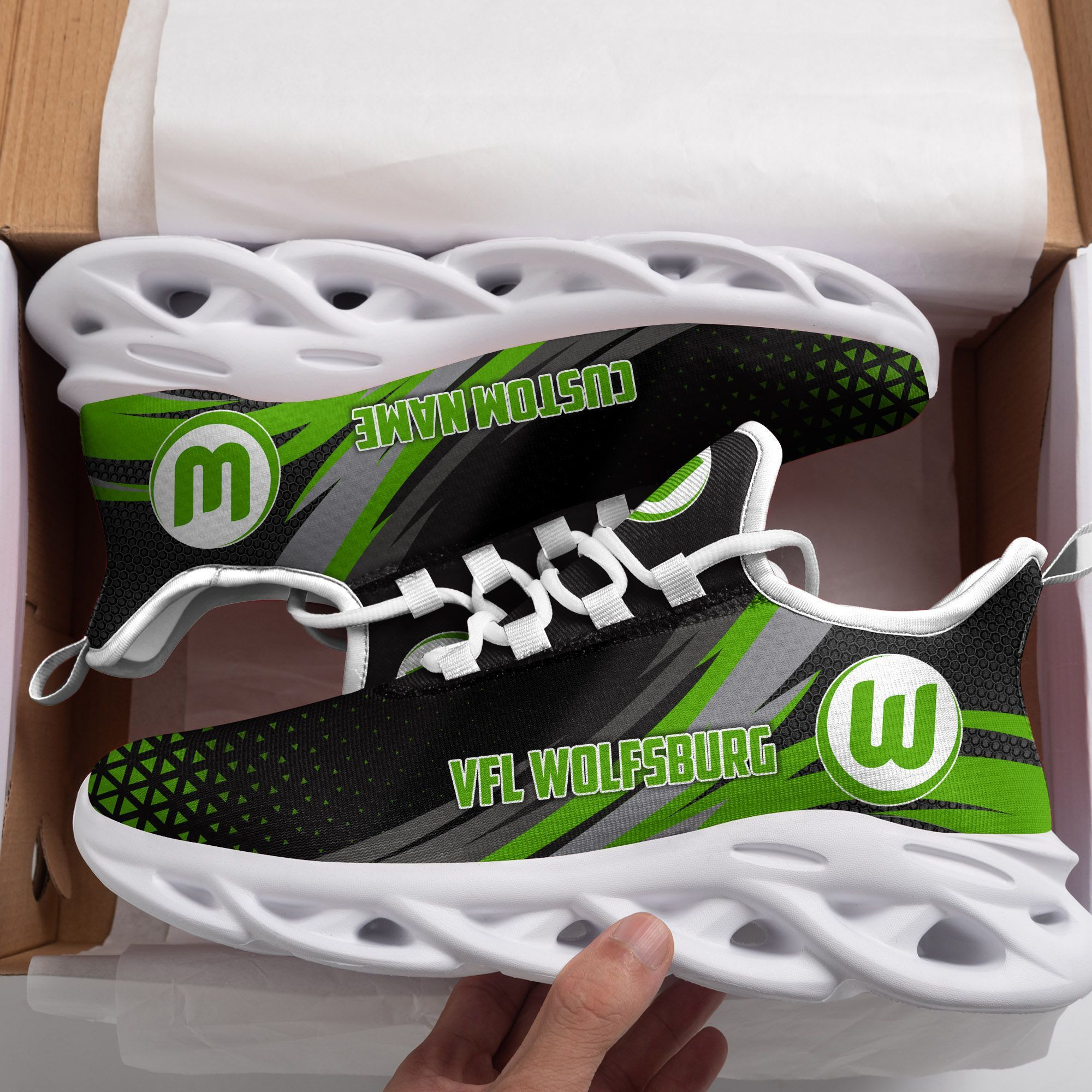VfL Wolfsburg Triangle Custom Personalized Max Soul Sneakers Shoes - Famjoys VfL Wolfsburg Triangle Custom Personalized Max Soul Sneakers Shoes - Famjoys