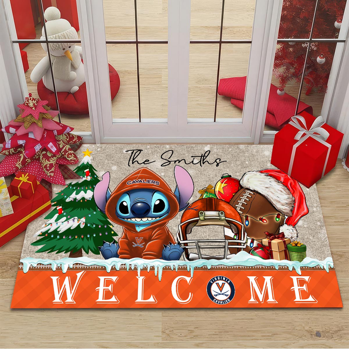 Virginia Cavaliers Cute Stitch Christmas Doormat - Famjoys Virginia Cavaliers Cute Stitch Christmas Doormat - Famjoys