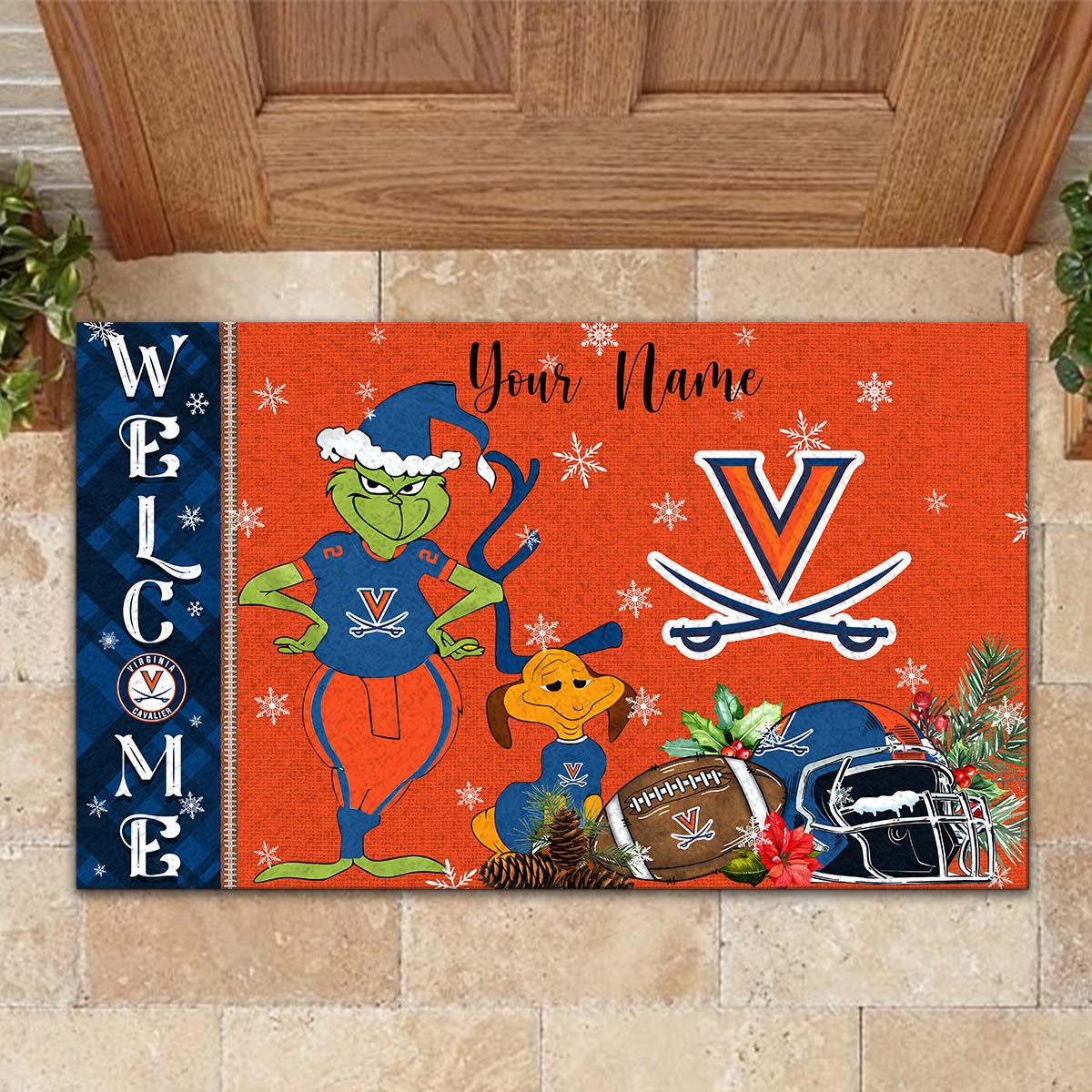 Virginia Cavaliers Grinch Christmas Welcome Football Doormat - Famjoys Virginia Cavaliers Grinch Christmas Welcome Football Doormat - Famjoys