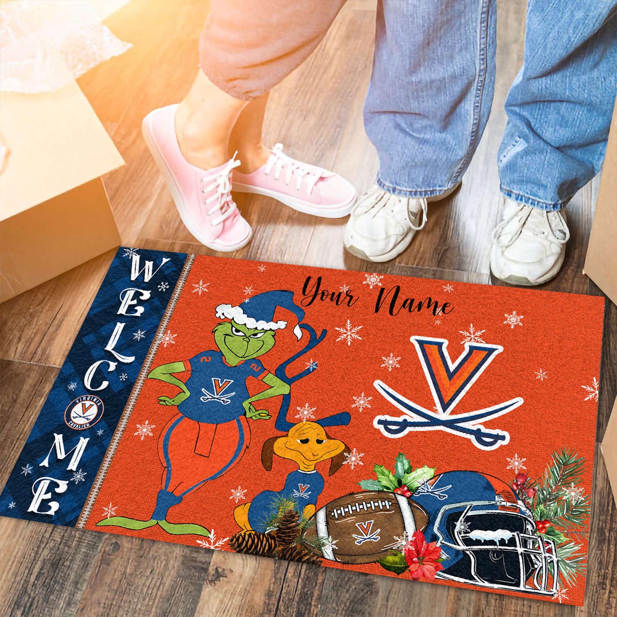 Virginia Cavaliers Grinch Christmas Welcome Football Doormat - Famjoys Virginia Cavaliers Grinch Christmas Welcome Football Doormat - Famjoys