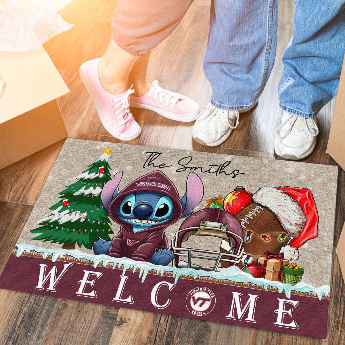 Virginia Tech Hokies Cute Stitch Christmas Doormat - Famjoys Virginia Tech Hokies Cute Stitch Christmas Doormat - Famjoys