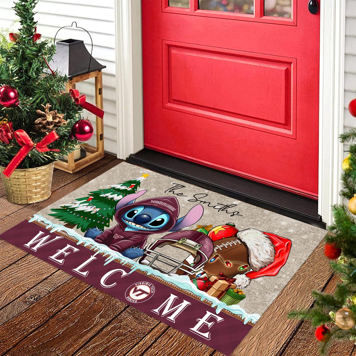 Virginia Tech Hokies Cute Stitch Christmas Doormat - Famjoys Virginia Tech Hokies Cute Stitch Christmas Doormat - Famjoys