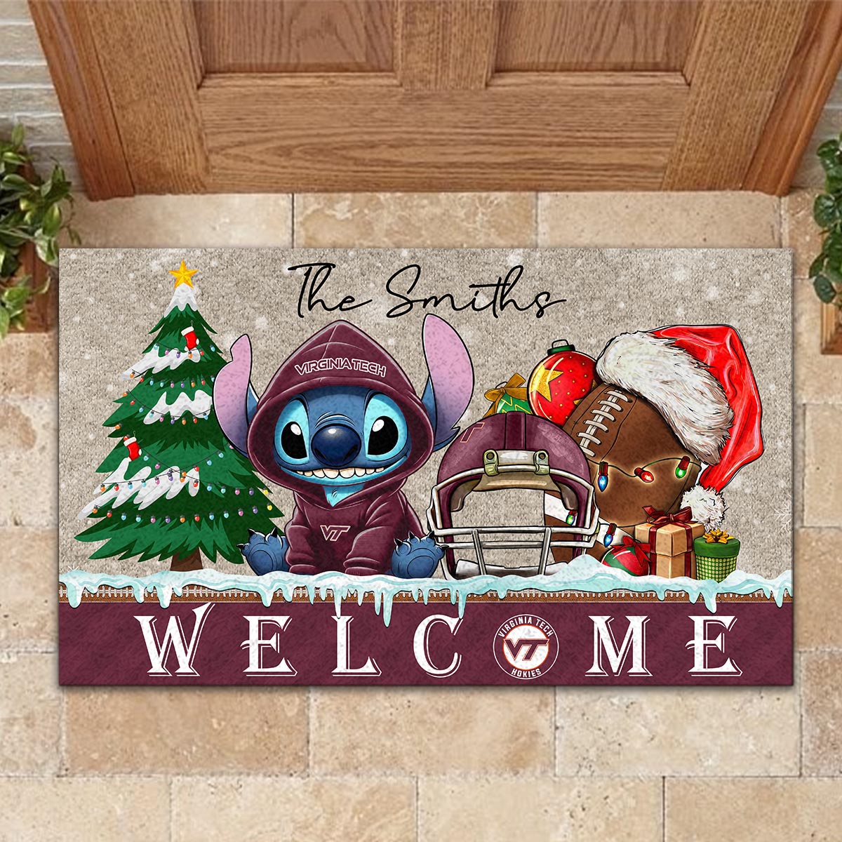 Virginia Tech Hokies Cute Stitch Christmas Doormat - Famjoys Virginia Tech Hokies Cute Stitch Christmas Doormat - Famjoys