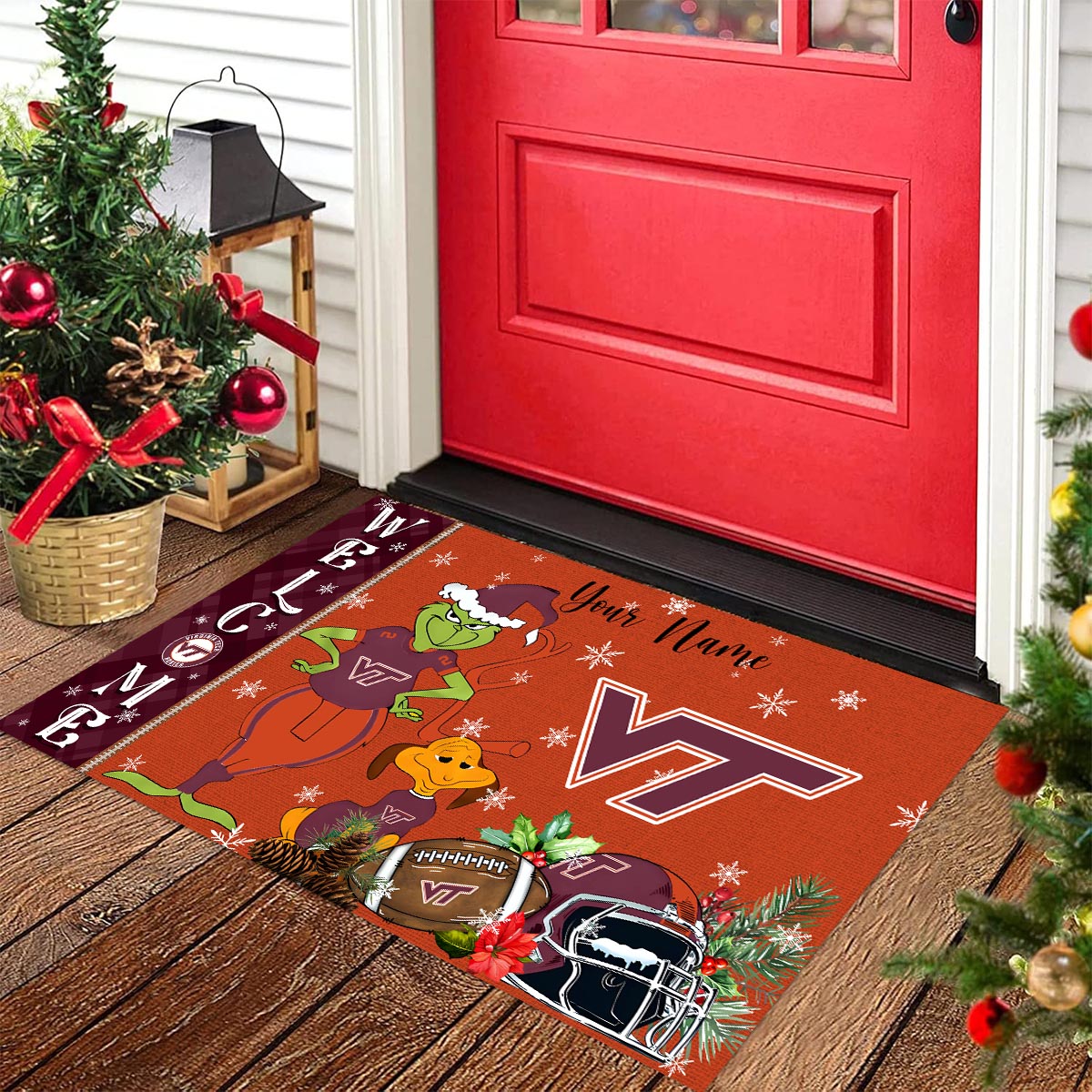 Virginia Tech Hokies Grinch Christmas Welcome Football Doormat - Famjoys Virginia Tech Hokies Grinch Christmas Welcome Football Doormat - Famjoys