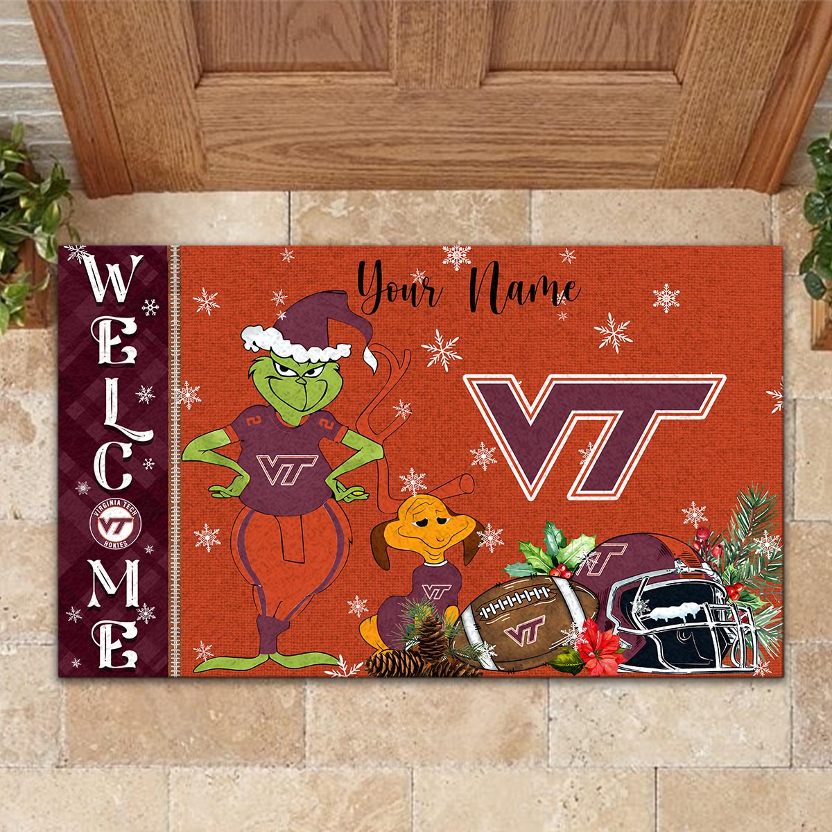 Virginia Tech Hokies Grinch Christmas Welcome Football Doormat - Famjoys Virginia Tech Hokies Grinch Christmas Welcome Football Doormat - Famjoys