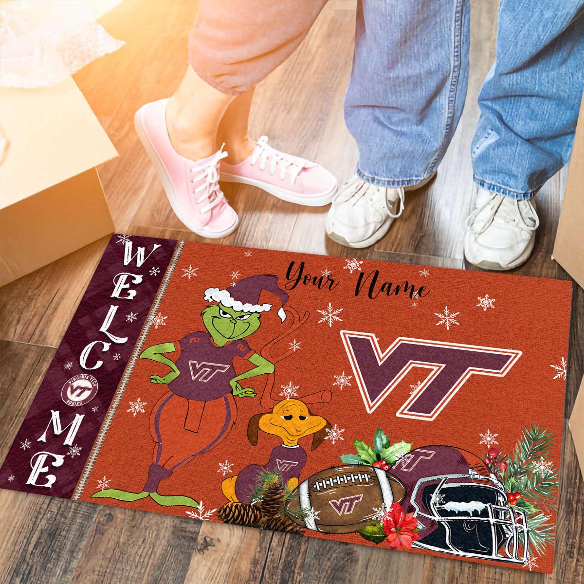 Virginia Tech Hokies Grinch Christmas Welcome Football Doormat - Famjoys Virginia Tech Hokies Grinch Christmas Welcome Football Doormat - Famjoys