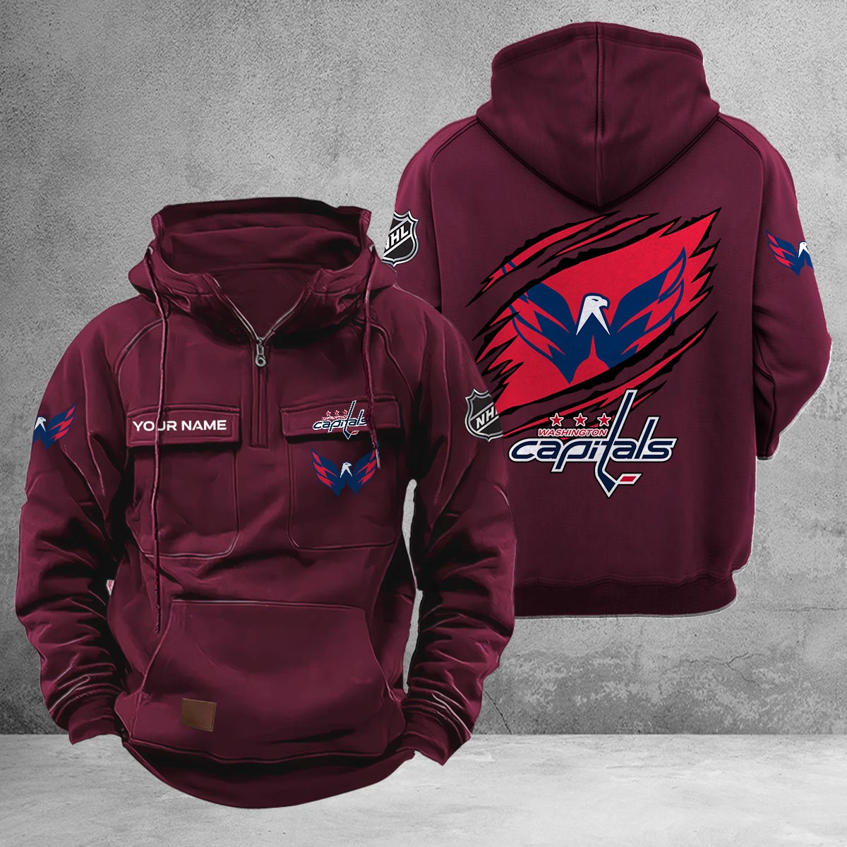 Washington Capitals Multi-Pockets Zip-Up Hoodie - Famjoys Washington Capitals Multi-Pockets Zip-Up Hoodie - Famjoys