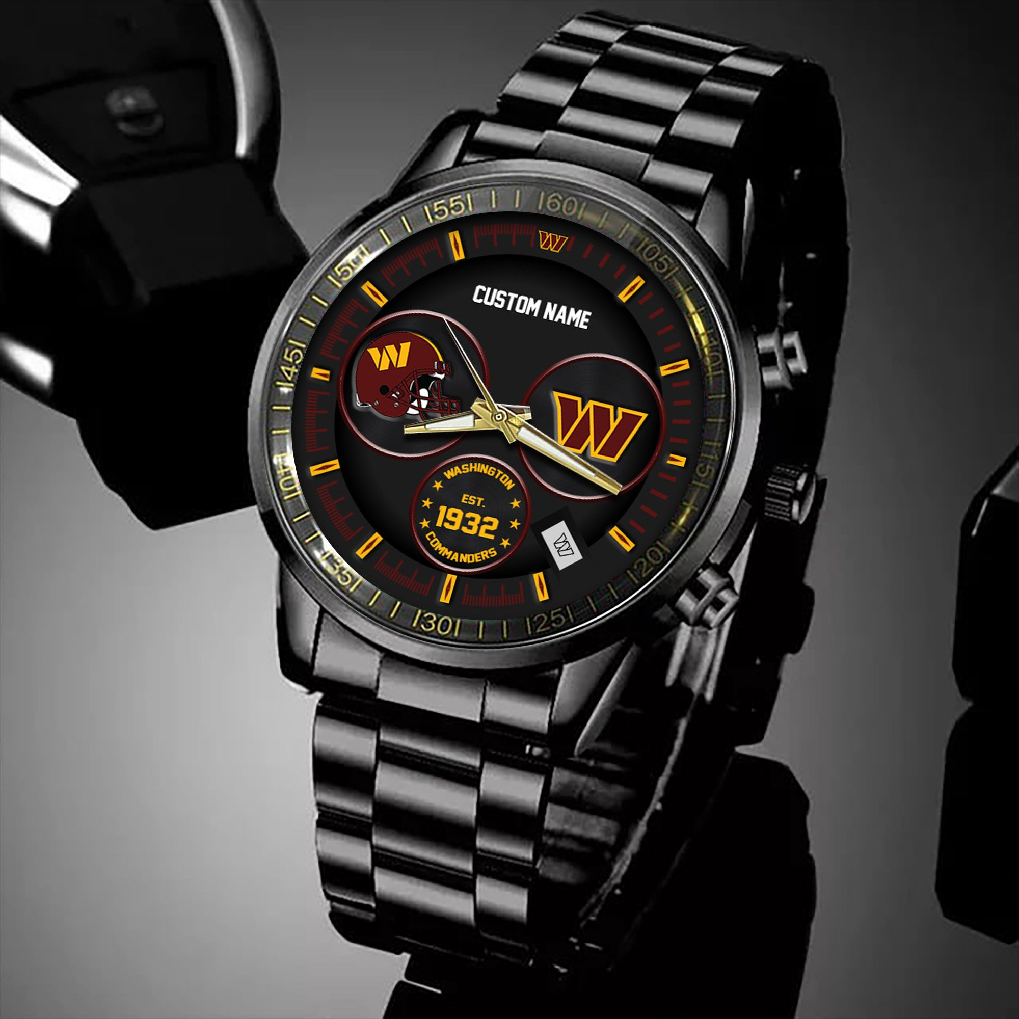 Washington Commanders Black Stainless Steel Watch - Famjoys Washington Commanders Black Stainless Steel Watch - Famjoys