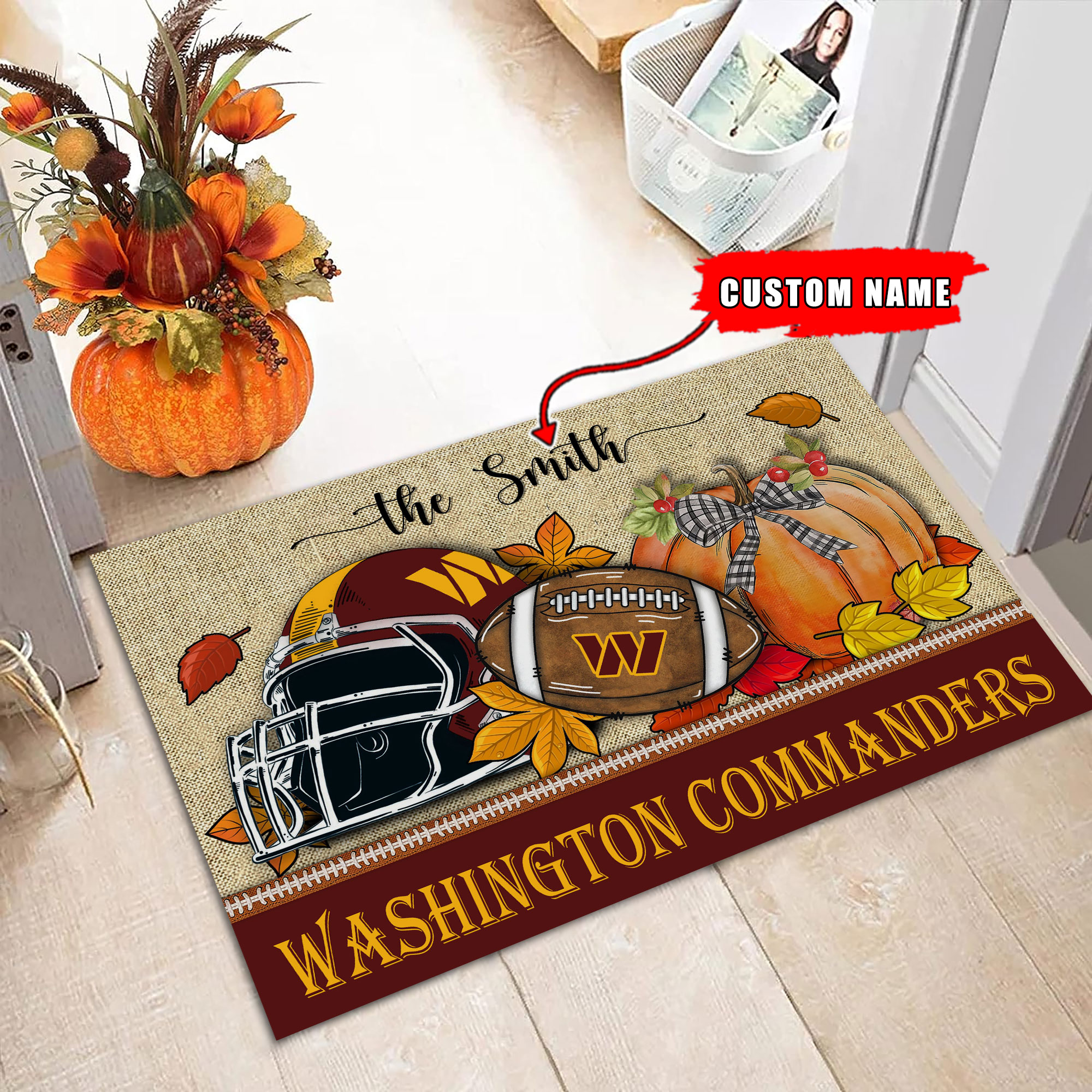 Washington Commanders Fall Football Doormat - Famjoys Washington Commanders Fall Football Doormat - Famjoys