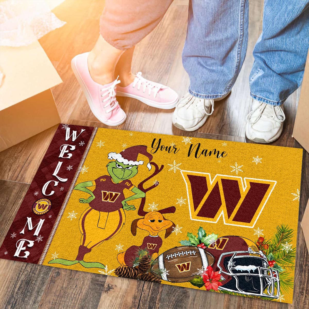 Washington Commanders Grinch Christmas Welcome Football Doormat - Famjoys Washington Commanders Grinch Christmas Welcome Football Doormat - Famjoys