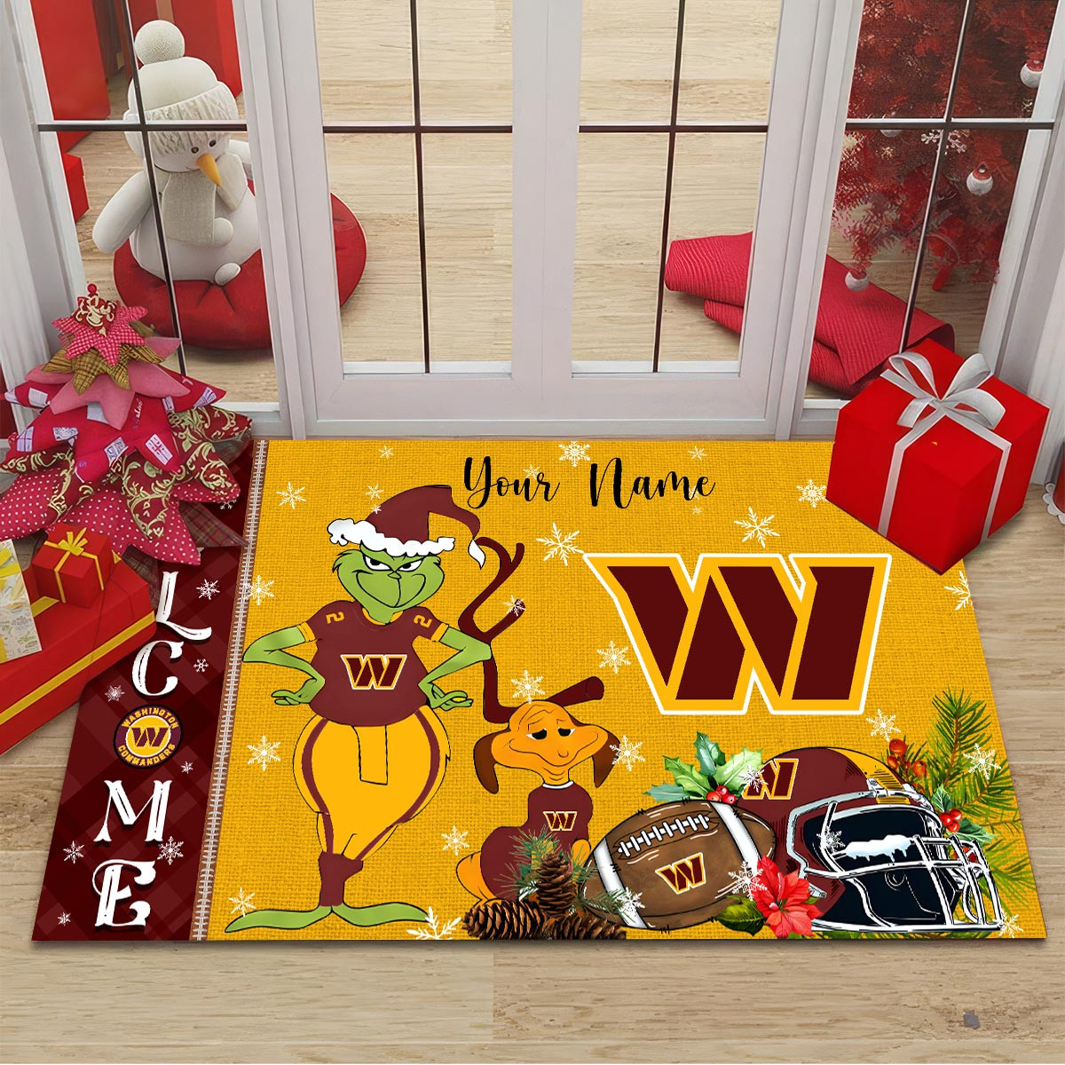 Washington Commanders Grinch Christmas Welcome Football Doormat - Famjoys Washington Commanders Grinch Christmas Welcome Football Doormat - Famjoys